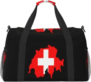 Flag Map Of Switzerland Travel Duffel Bag Large Foldable Waterproof Overnight Bag For Beach Swim Bags Pool Sports Gym