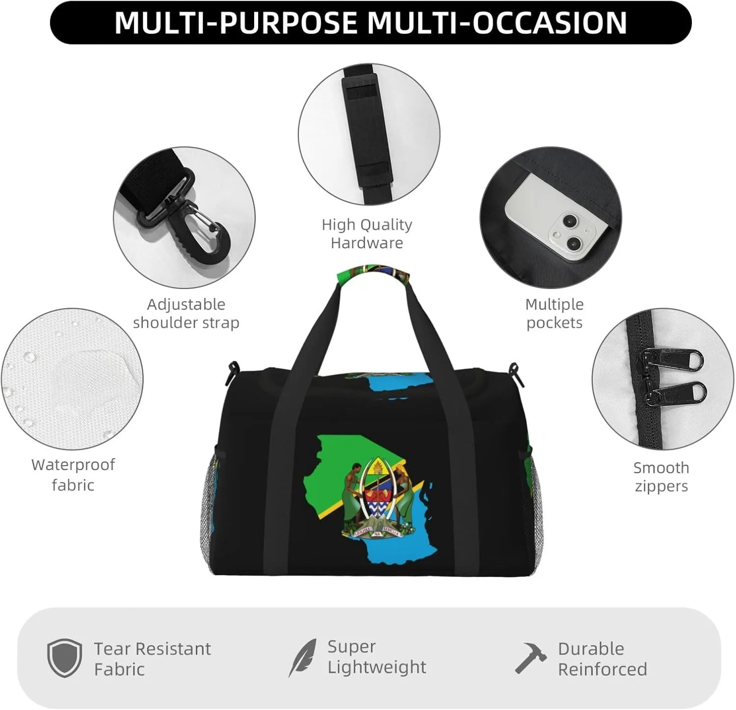 Flag Map Of Tanzania Travel Duffel Bag Large Foldable Waterproof Overnight Bag For Beach Swim Bags Pool Sports Gym