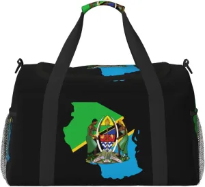Flag Map Of Tanzania Travel Duffel Bag Large Foldable Waterproof Overnight Bag For Beach Swim Bags Pool Sports Gym