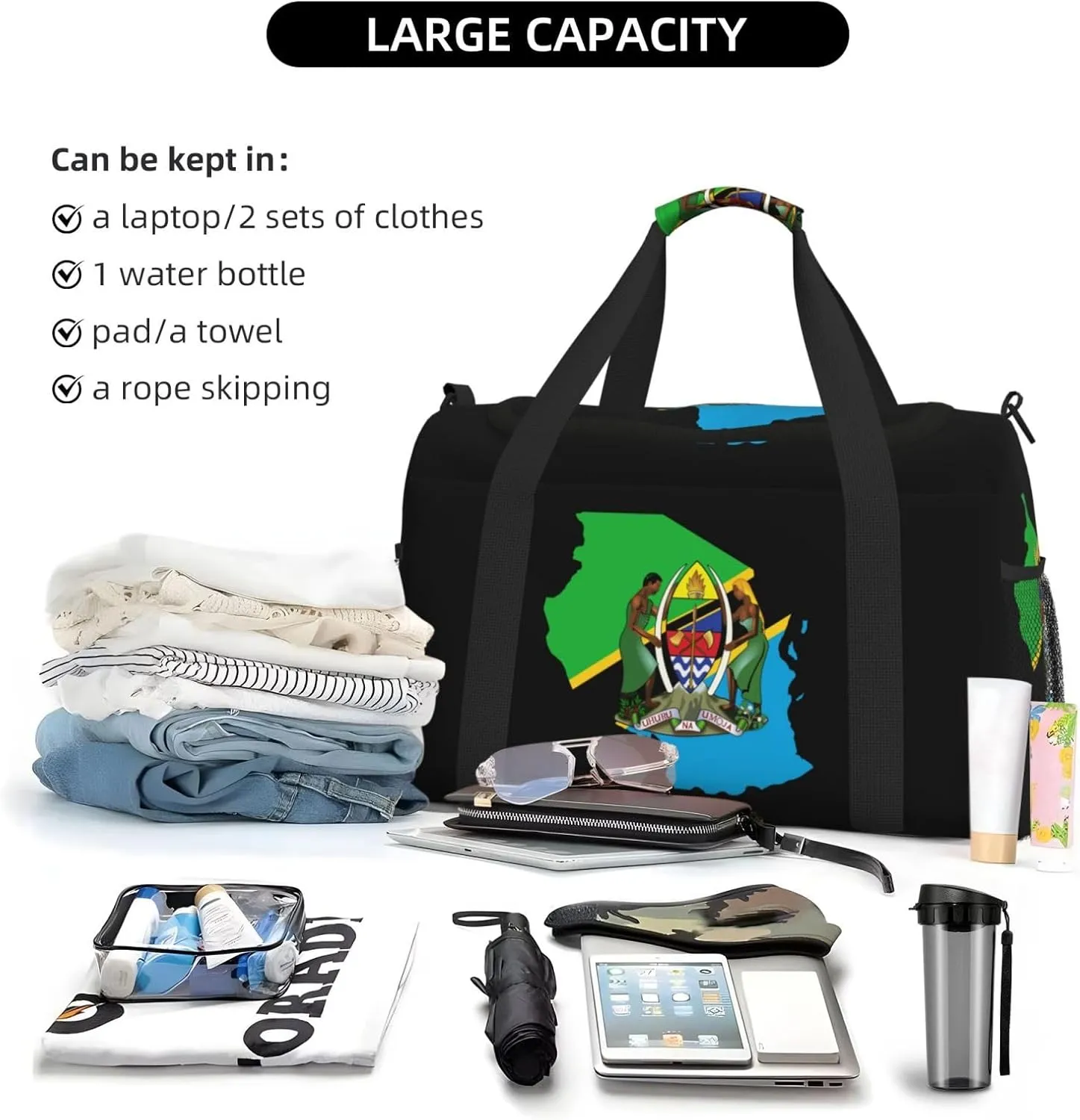Flag Map Of Tanzania Travel Duffel Bag Large Foldable Waterproof Overnight Bag For Beach Swim Bags Pool Sports Gym