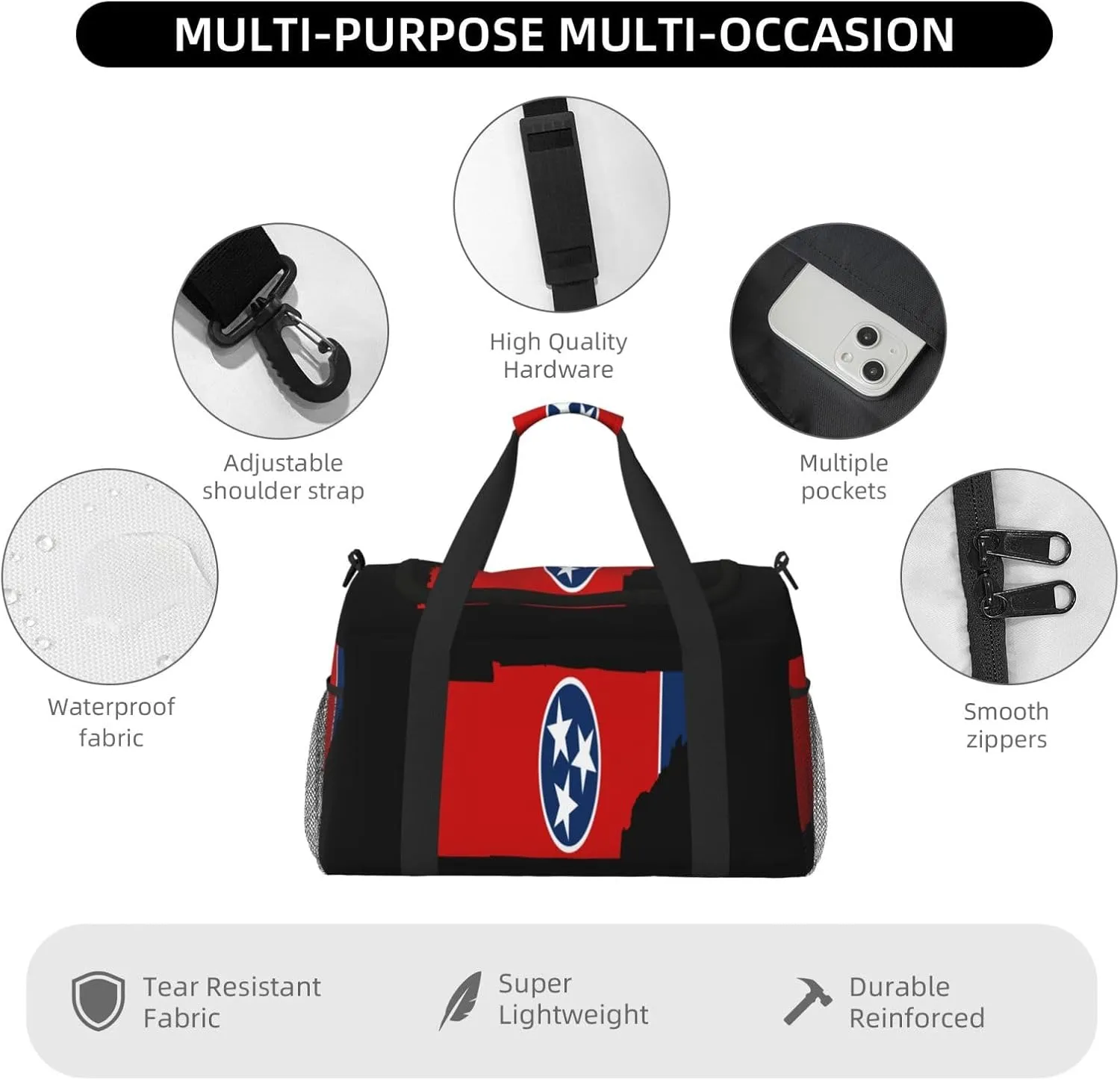 Flag Map Of Tennessee Travel Duffel Bag Large Foldable Waterproof Overnight Bag For Beach Swim Bags Pool Sports Gym