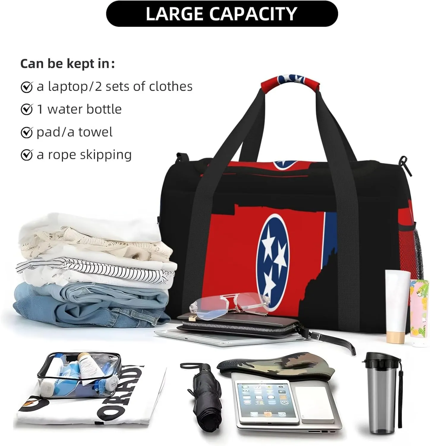 Flag Map Of Tennessee Travel Duffel Bag Large Foldable Waterproof Overnight Bag For Beach Swim Bags Pool Sports Gym