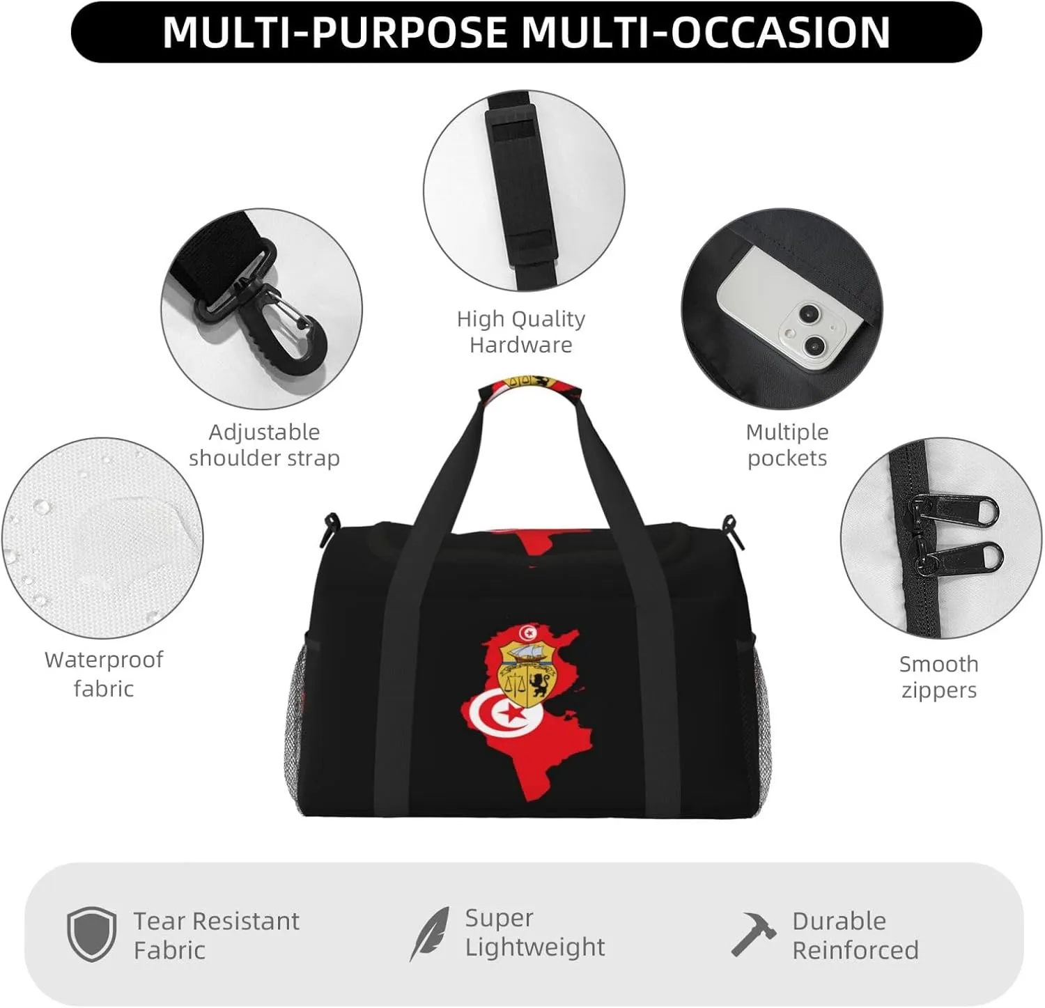 Flag Map Of Tunisia Travel Duffel Bag Large Foldable Waterproof Overnight Bag For Beach Swim Bags Pool Sports Gym