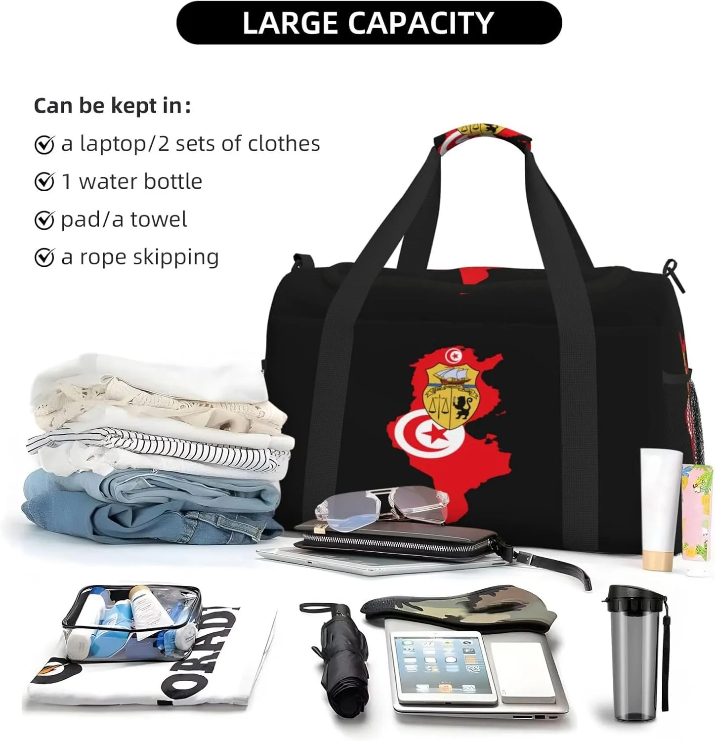 Flag Map Of Tunisia Travel Duffel Bag Large Foldable Waterproof Overnight Bag For Beach Swim Bags Pool Sports Gym