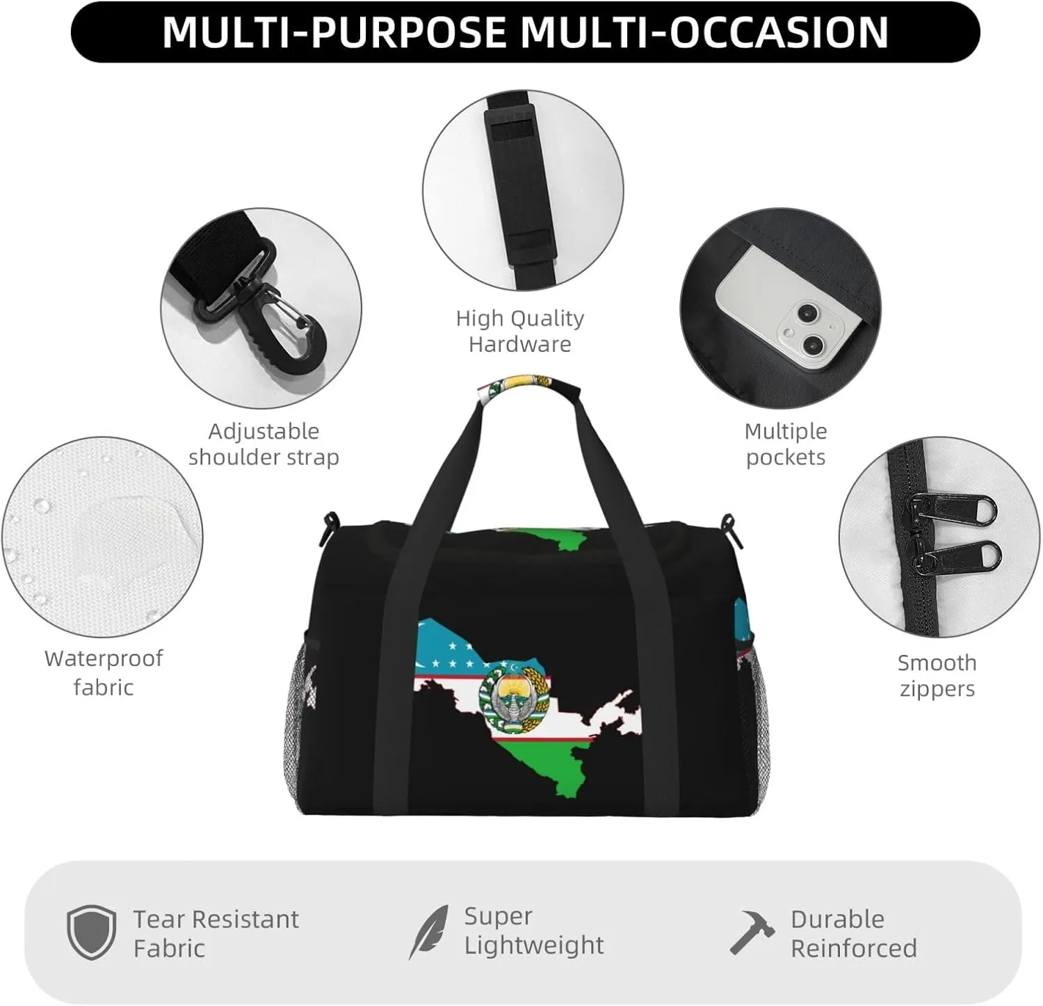 Flag Map Of Uzbekistan Travel Duffel Bag Large Foldable Waterproof Overnight Bag For Beach Swim Bags Pool Sports Gym