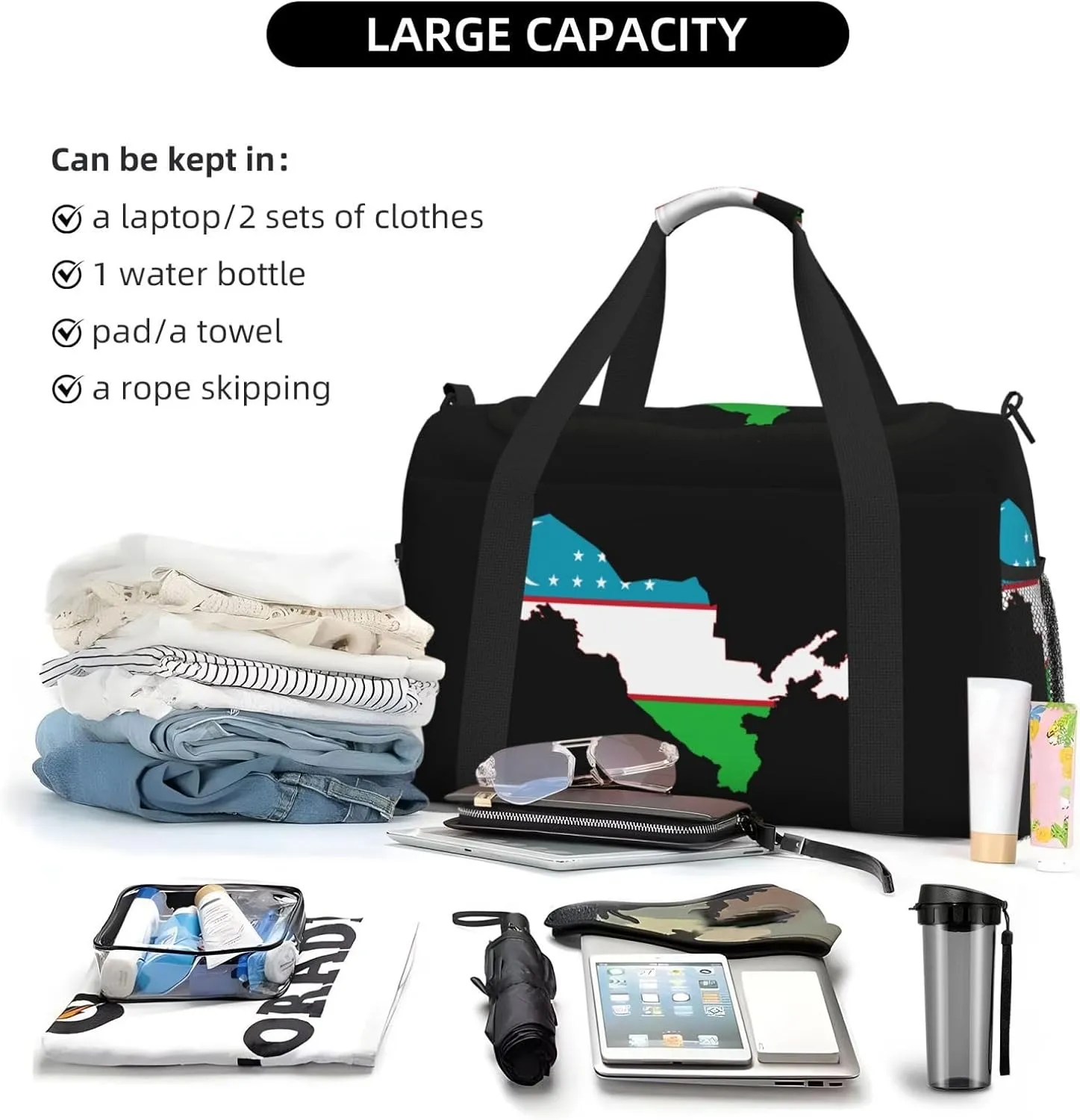 Flag Map Of Uzbekistan Travel Duffel Bag Large Foldable Waterproof Overnight Bag For Beach Swim Bags Pool Sports Gym