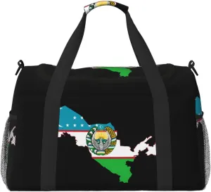 Flag Map Of Uzbekistan Travel Duffel Bag Large Foldable Waterproof Overnight Bag For Beach Swim Bags Pool Sports Gym