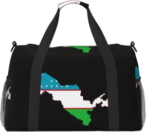 Flag Map Of Uzbekistan Travel Duffel Bag Large Foldable Waterproof Overnight Bag For Beach Swim Bags Pool Sports Gym