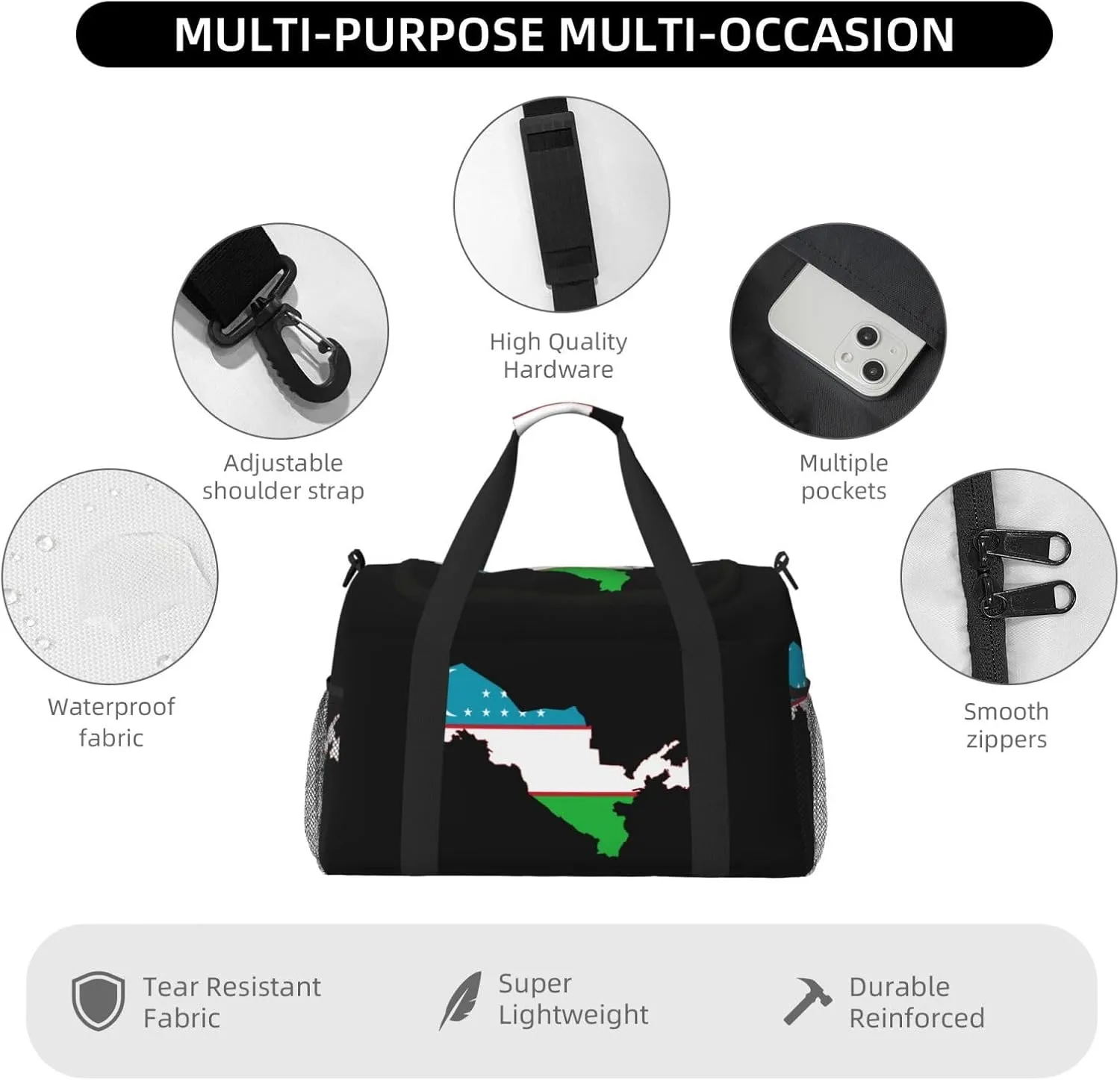 Flag Map Of Uzbekistan Travel Duffel Bag Large Foldable Waterproof Overnight Bag For Beach Swim Bags Pool Sports Gym
