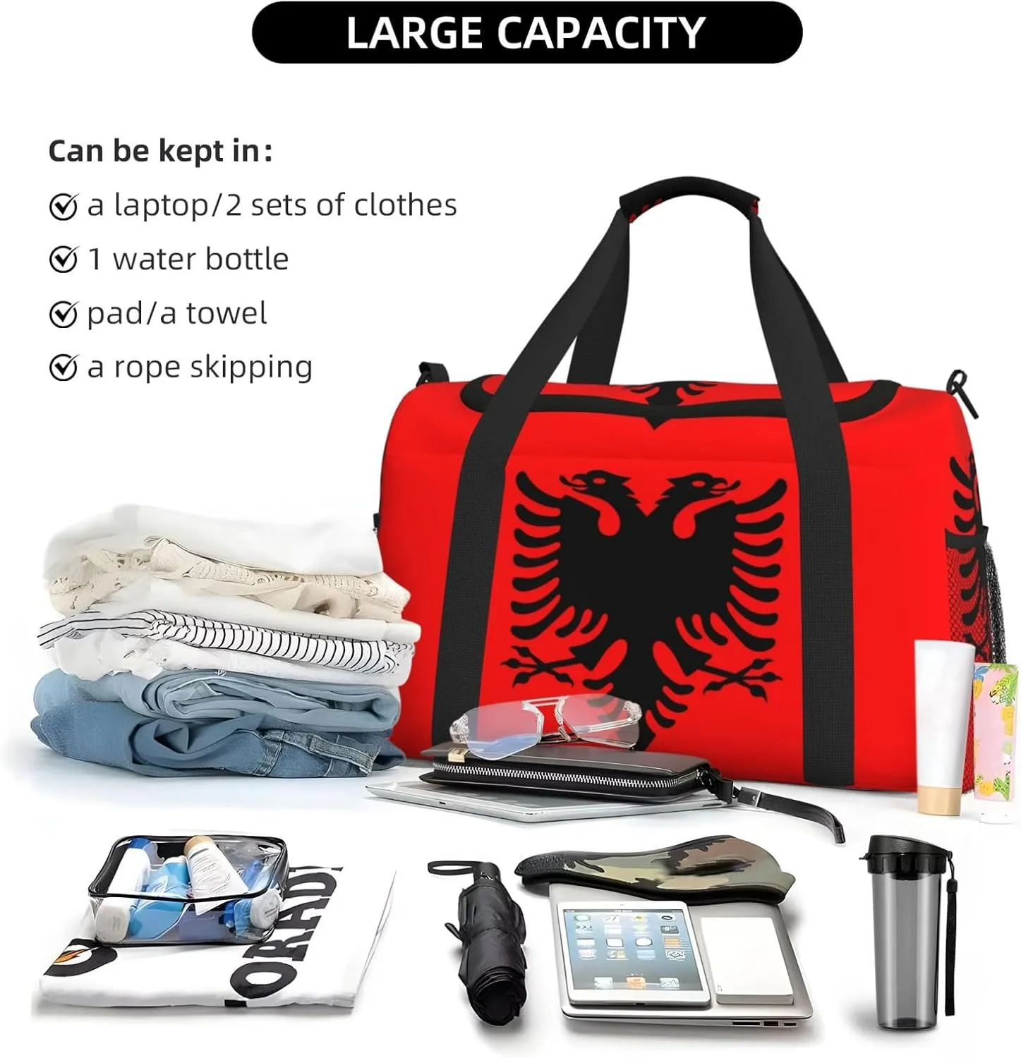 Flag Of Albania Travel Duffel Bag Large Foldable Waterproof Overnight Bag For Beach Swim Bags Pool Sports Gym