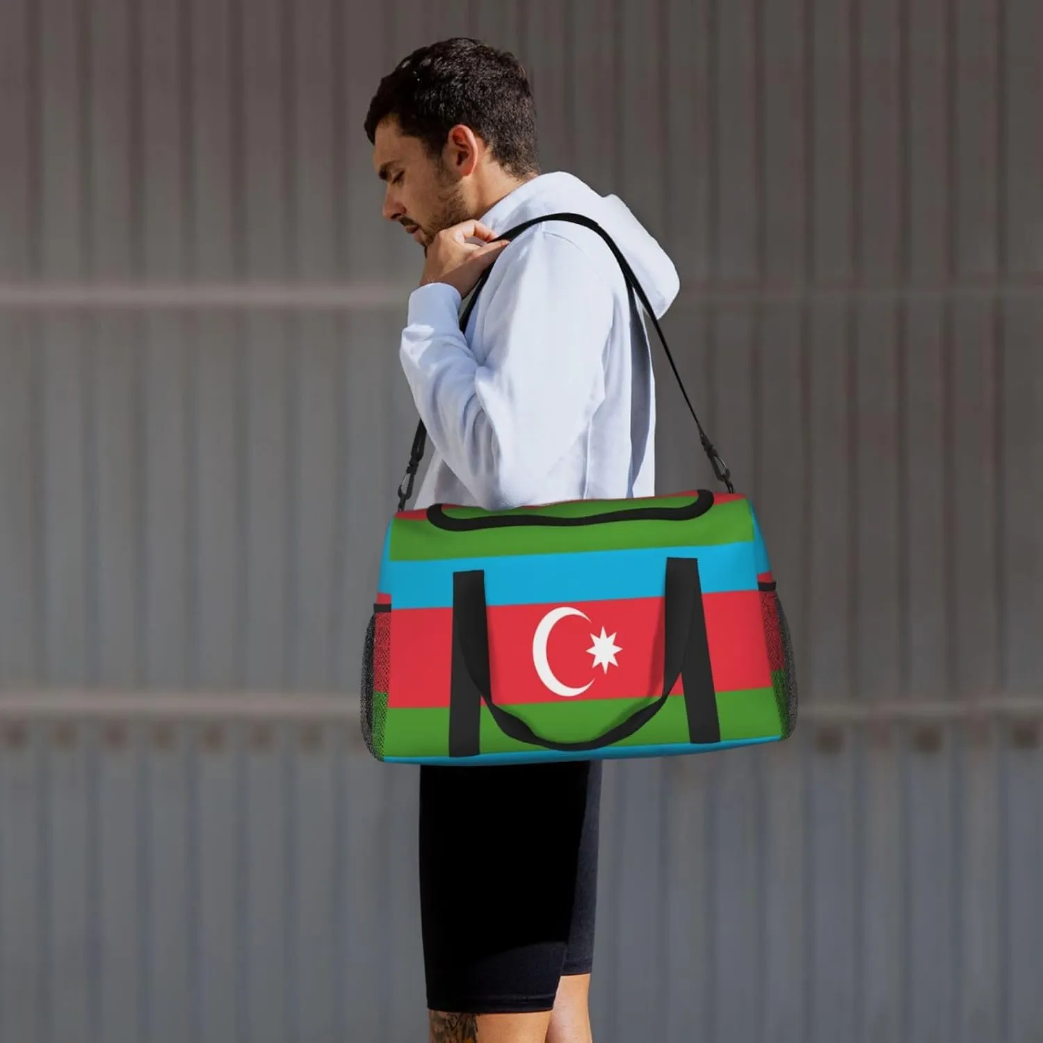 Flag Of Azerbaijan Travel Duffel Bag Large Foldable Waterproof Overnight Bag For Beach Swim Bags Pool Sports Gym