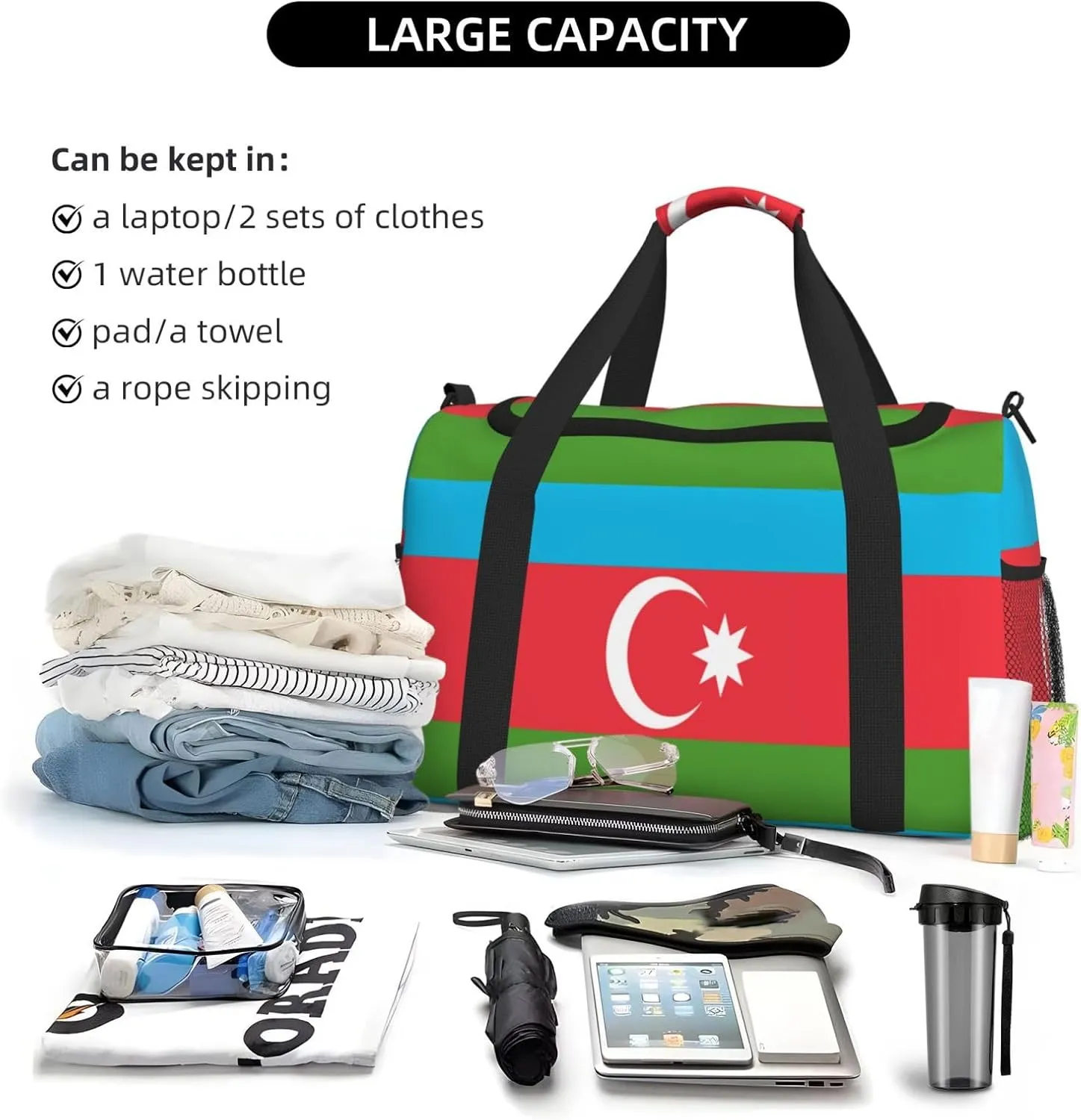 Flag Of Azerbaijan Travel Duffel Bag Large Foldable Waterproof Overnight Bag For Beach Swim Bags Pool Sports Gym