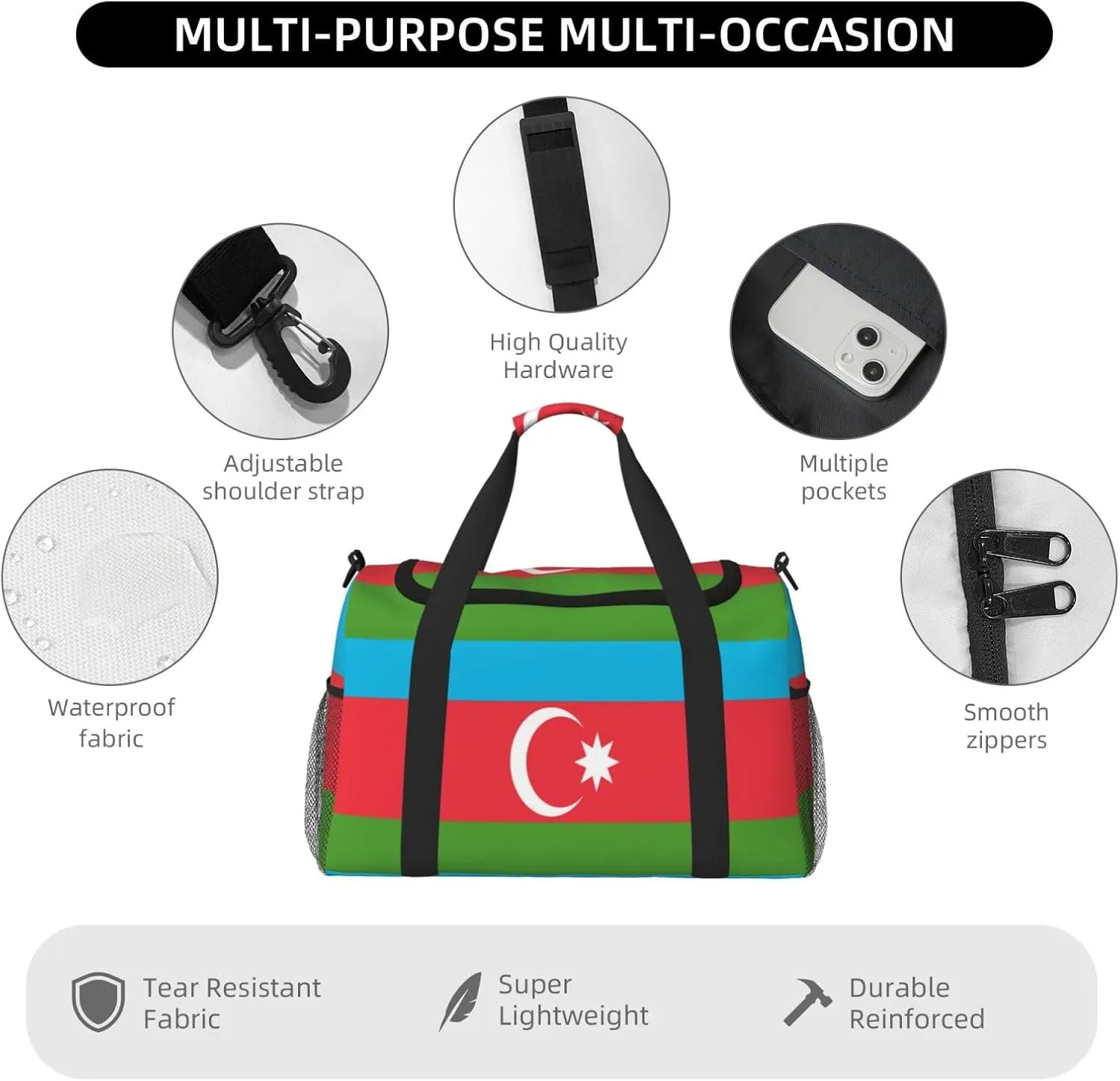 Flag Of Azerbaijan Travel Duffel Bag Large Foldable Waterproof Overnight Bag For Beach Swim Bags Pool Sports Gym