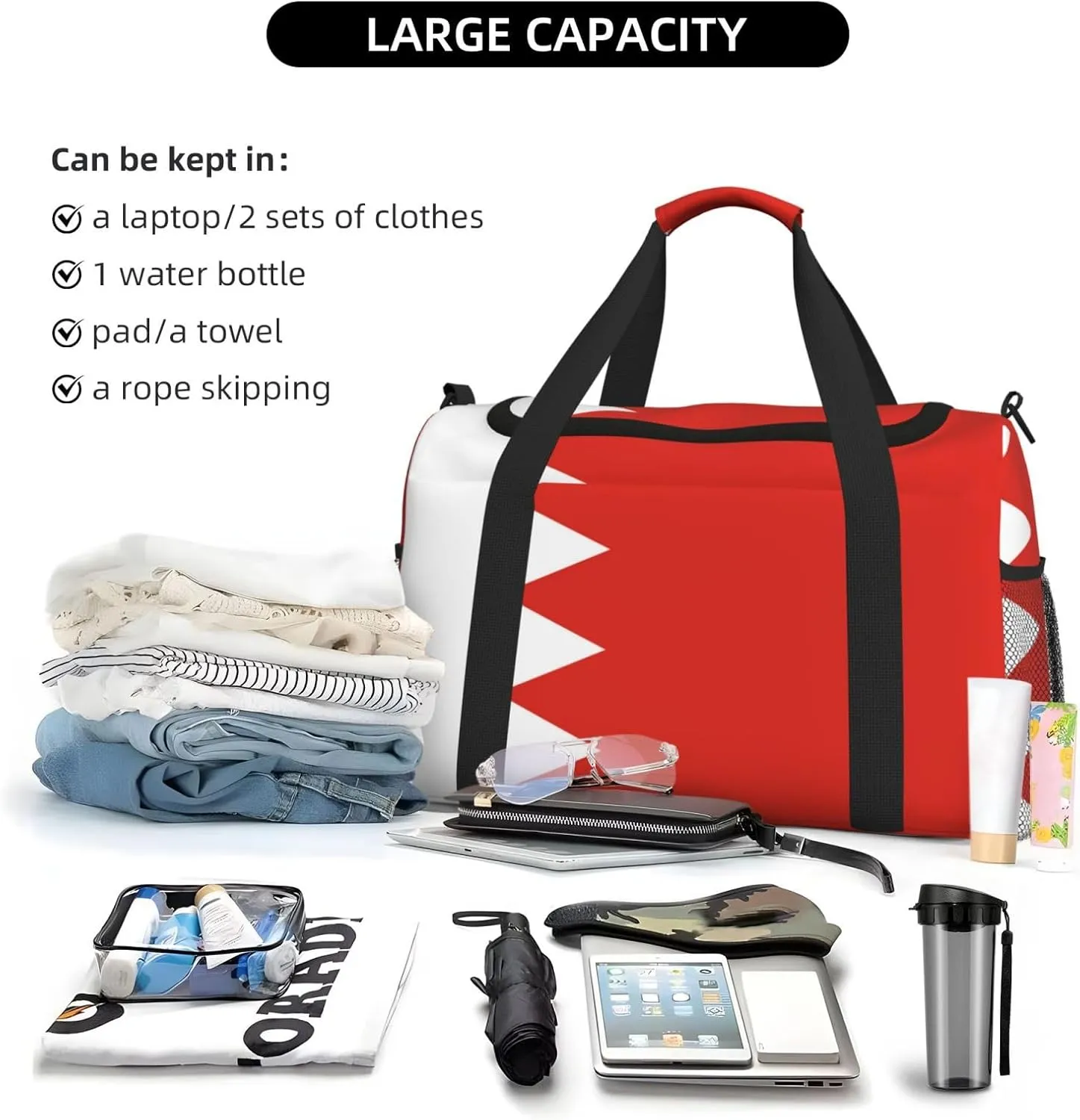 Flag Of Bahrain Travel Duffel Bag Large Foldable Waterproof Overnight Bag For Beach Swim Bags Pool Sports Gym