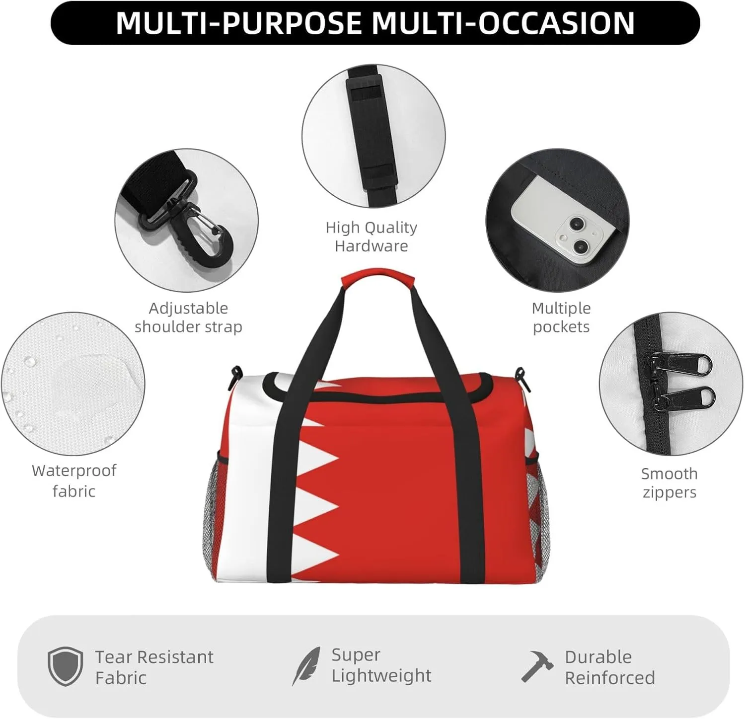 Flag Of Bahrain Travel Duffel Bag Large Foldable Waterproof Overnight Bag For Beach Swim Bags Pool Sports Gym