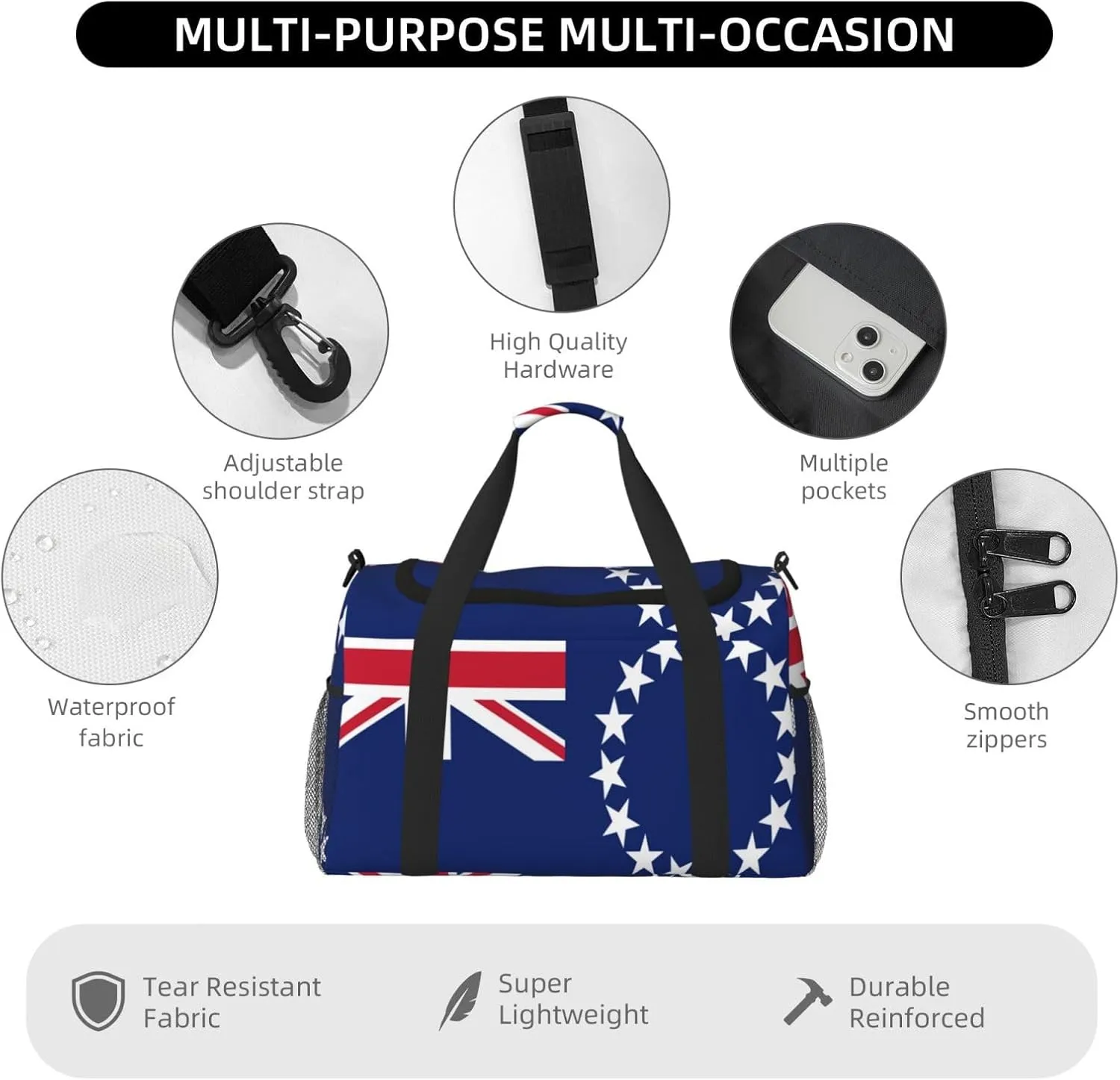 Flag Of Cook Travel Duffel Bag Large Foldable Waterproof Overnight Bag For Beach Swim Bags Pool Sports Gym