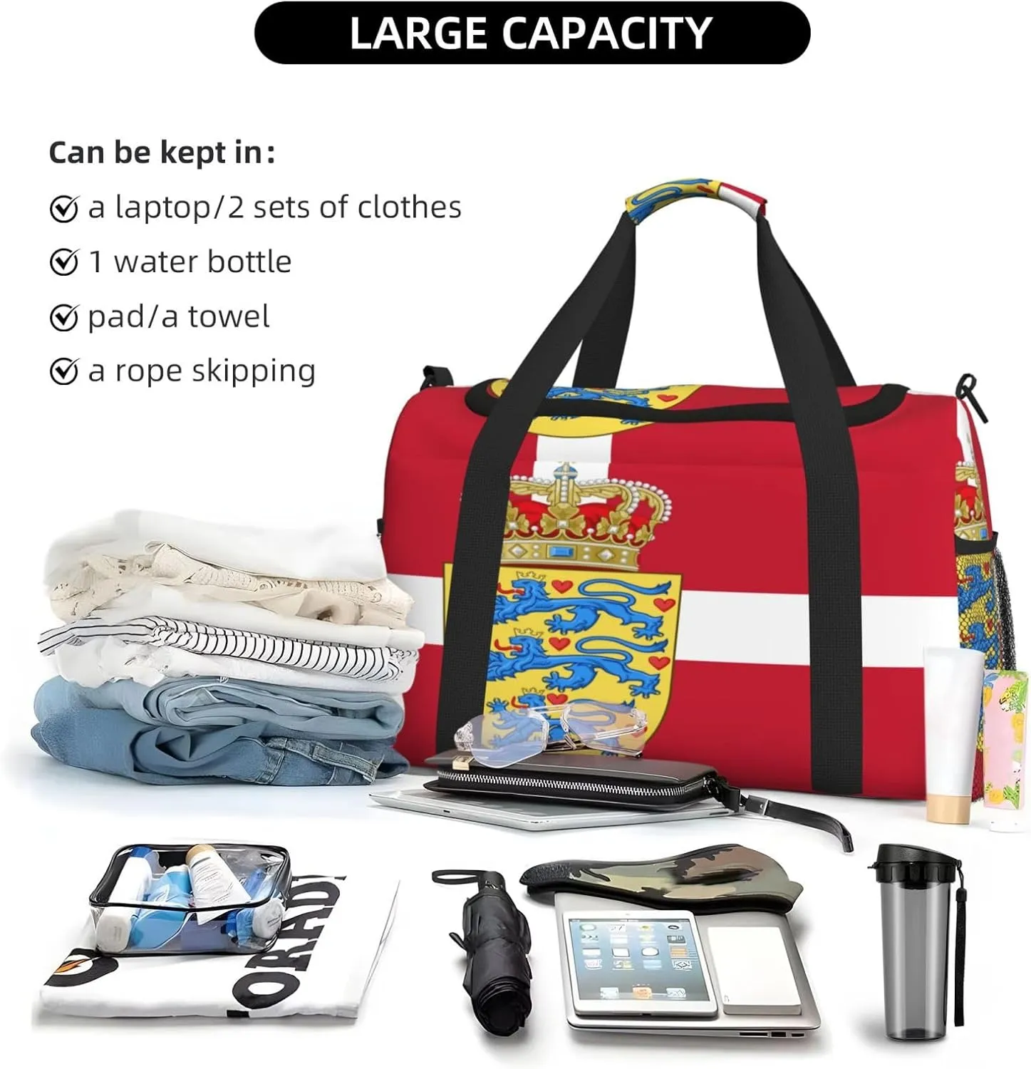 Flag Of Denmark Travel Duffel Bag Large Foldable Waterproof Overnight Bag For Beach Swim Bags Pool Sports Gym