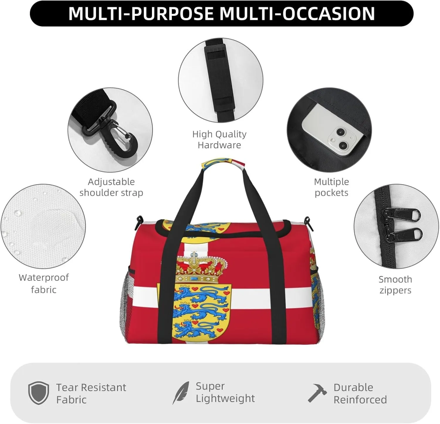 Flag Of Denmark Travel Duffel Bag Large Foldable Waterproof Overnight Bag For Beach Swim Bags Pool Sports Gym