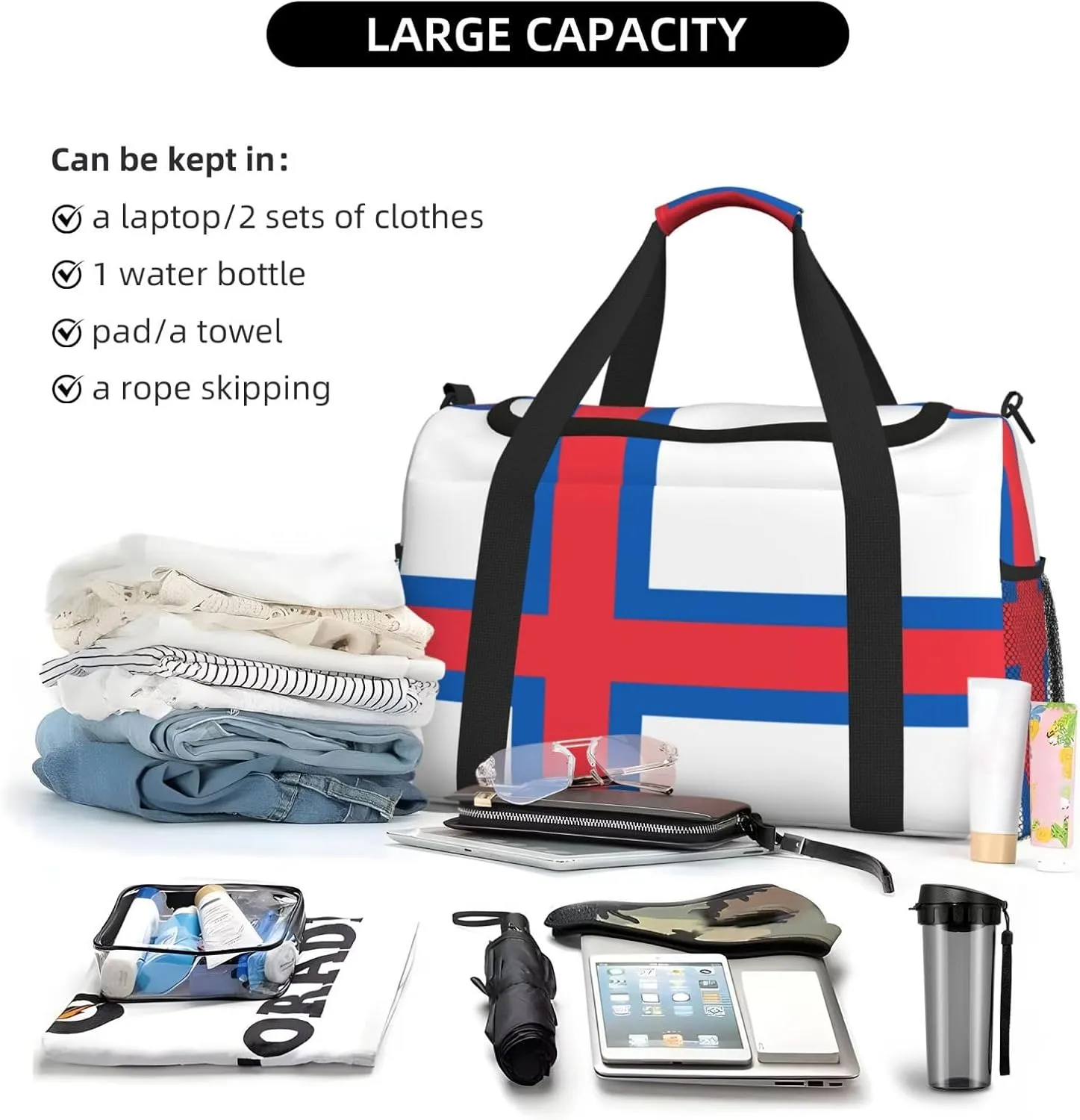 Flag Of Faroe Travel Duffel Bag Large Foldable Waterproof Overnight Bag For Beach Swim Bags Pool Sports Gym
