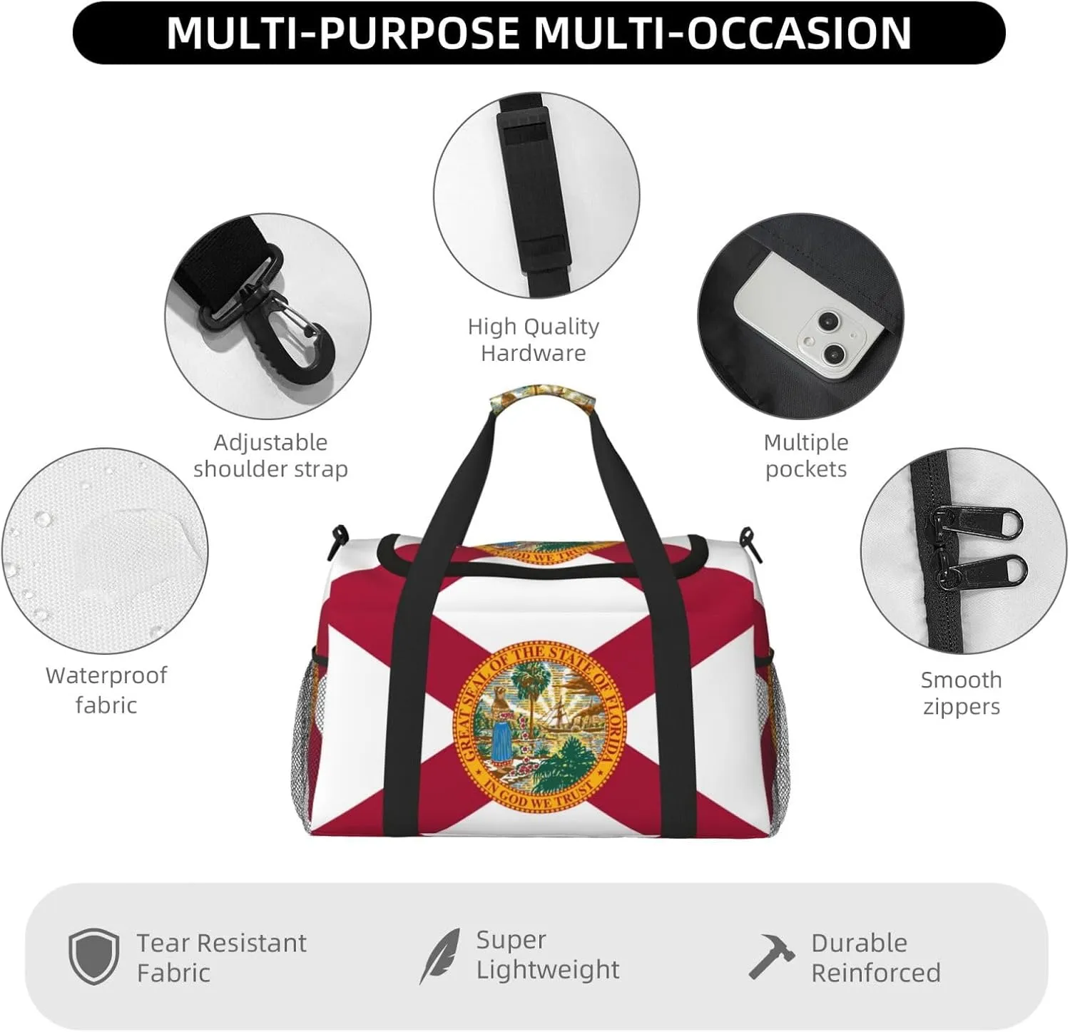 Flag Of Florida Travel Duffel Bag Large Foldable Waterproof Overnight Bag For Beach Swim Bags Pool Sports Gym