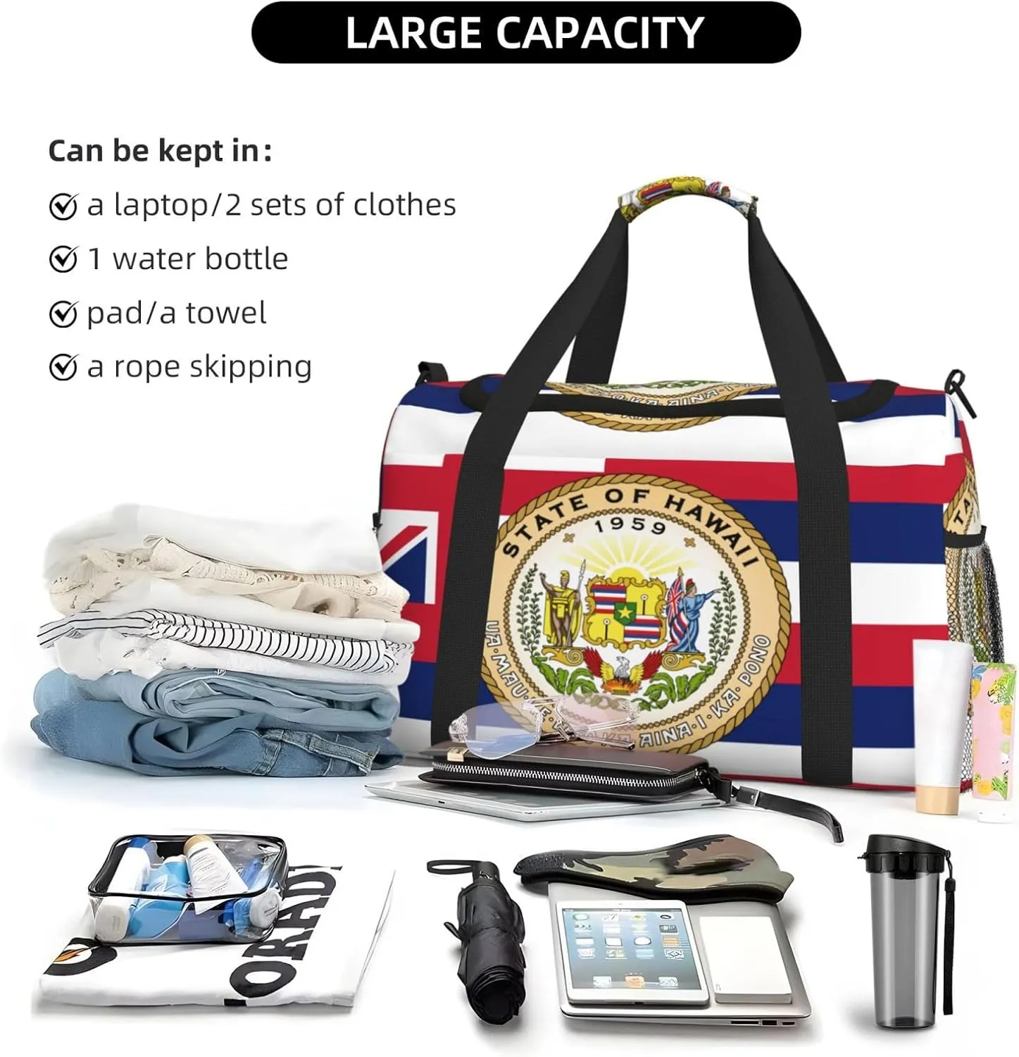 Flag Of Hawaii Travel Duffel Bag Large Foldable Waterproof Overnight Bag For Beach Swim Bags Pool Sports Gym
