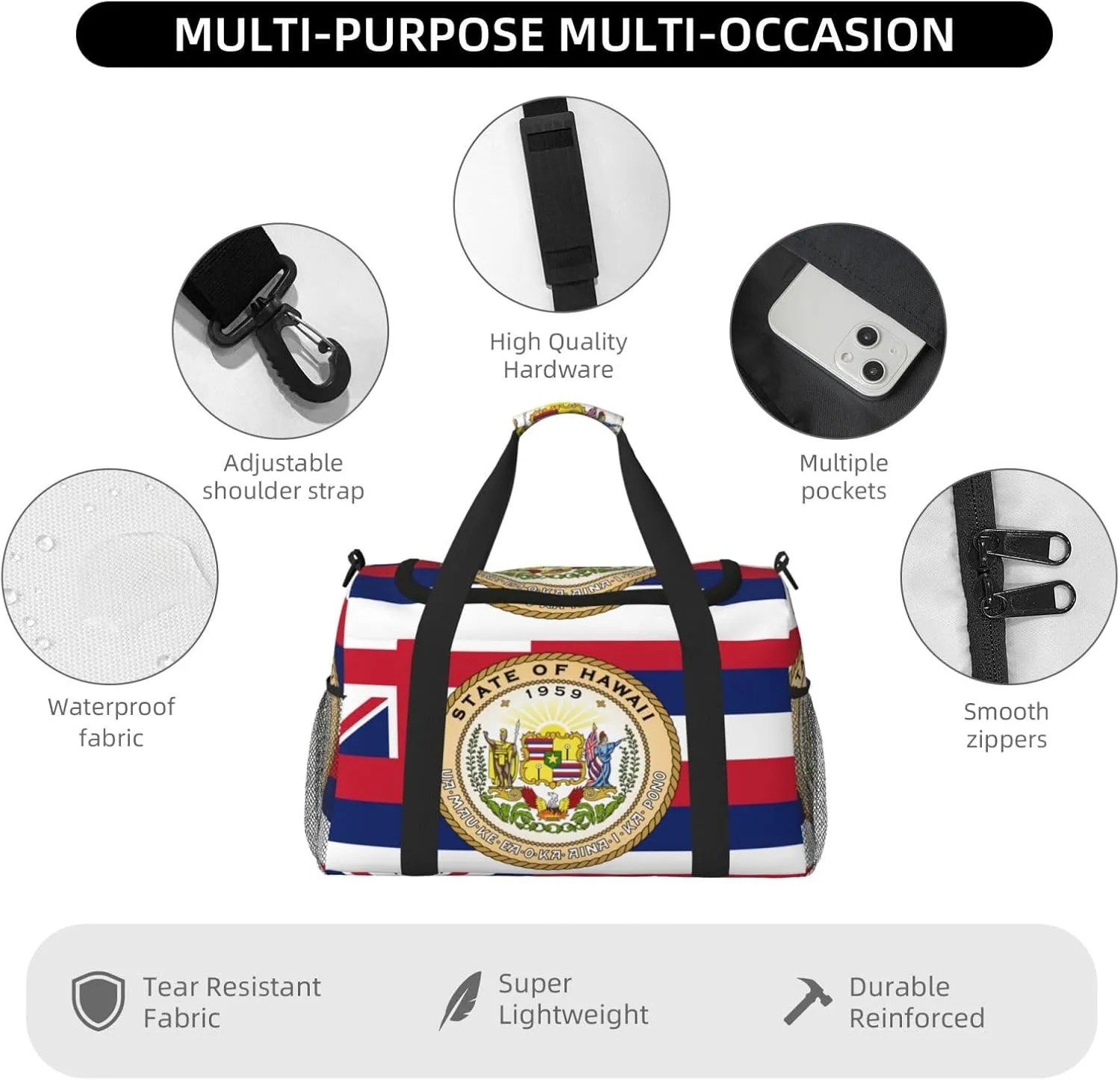 Flag Of Hawaii Travel Duffel Bag Large Foldable Waterproof Overnight Bag For Beach Swim Bags Pool Sports Gym
