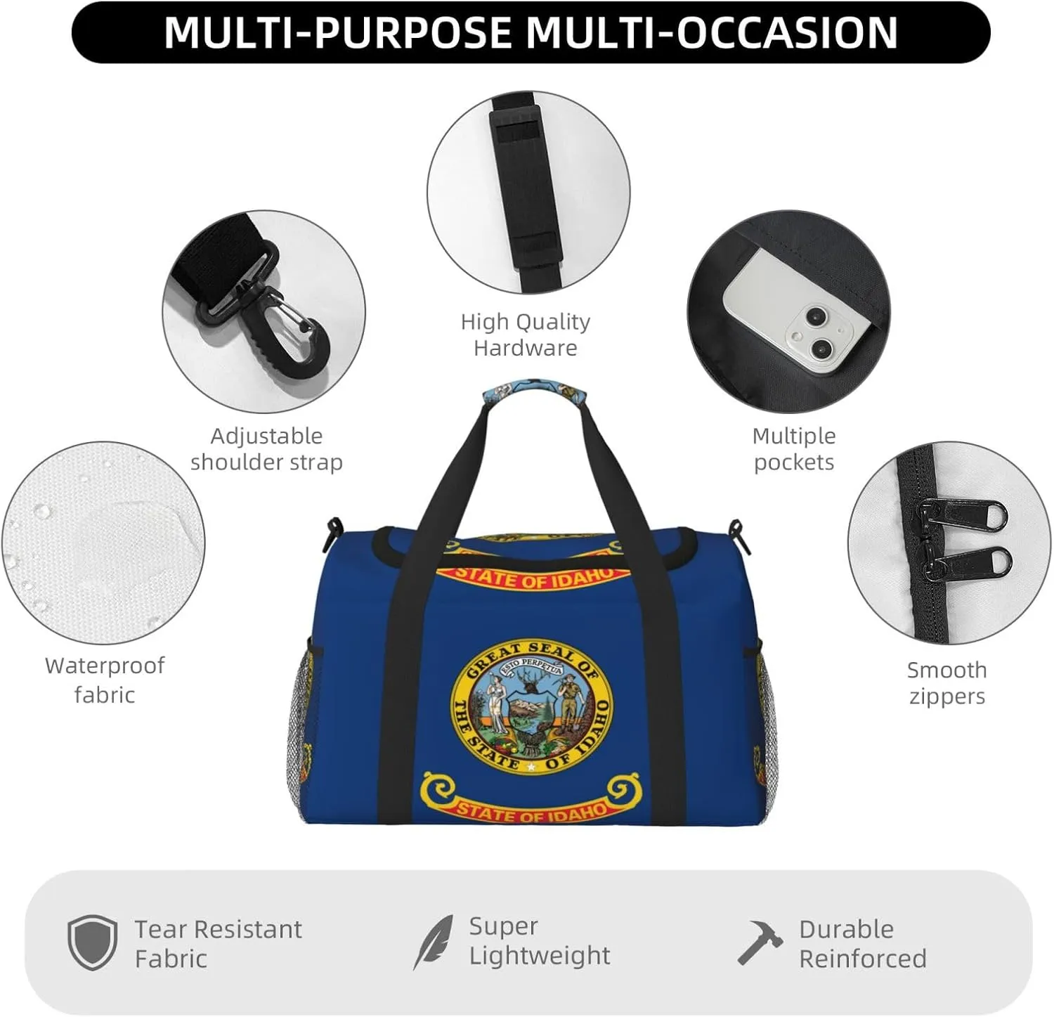 Flag Of Idaho Travel Duffel Bag Large Foldable Waterproof Overnight Bag For Beach Swim Bags Pool Sports Gym