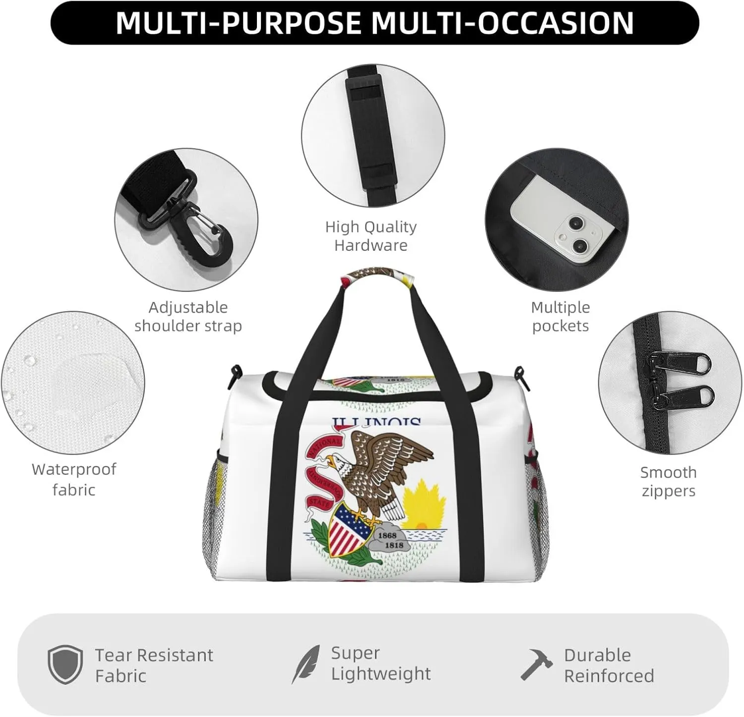 Flag Of Illinois Travel Duffel Bag Large Foldable Waterproof Overnight Bag For Beach Swim Bags Pool Sports Gym