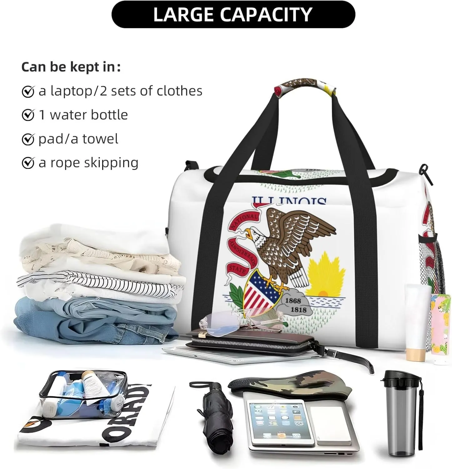 Flag Of Illinois Travel Duffel Bag Large Foldable Waterproof Overnight Bag For Beach Swim Bags Pool Sports Gym