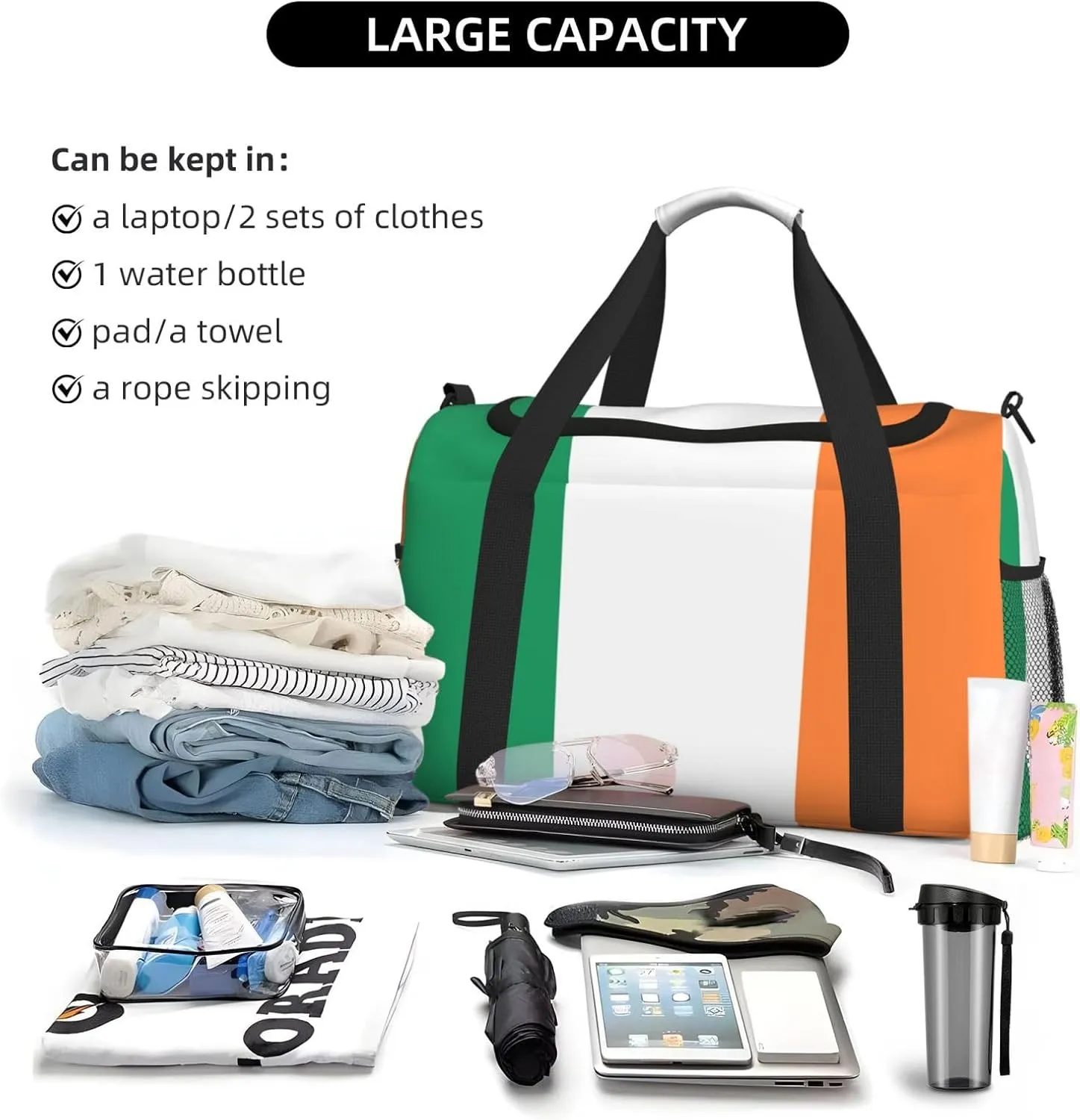 Flag Of Ireland Travel Duffel Bag Large Foldable Waterproof Overnight Bag For Beach Swim Bags Pool Sports Gym