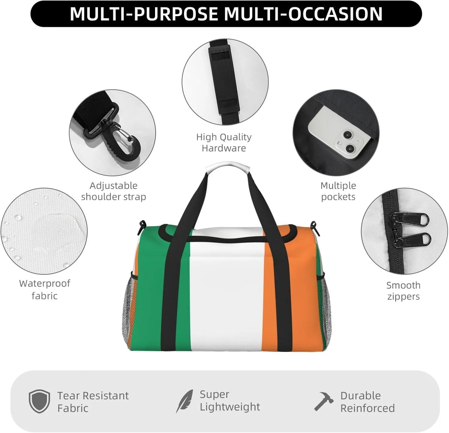 Flag Of Ireland Travel Duffel Bag Large Foldable Waterproof Overnight Bag For Beach Swim Bags Pool Sports Gym
