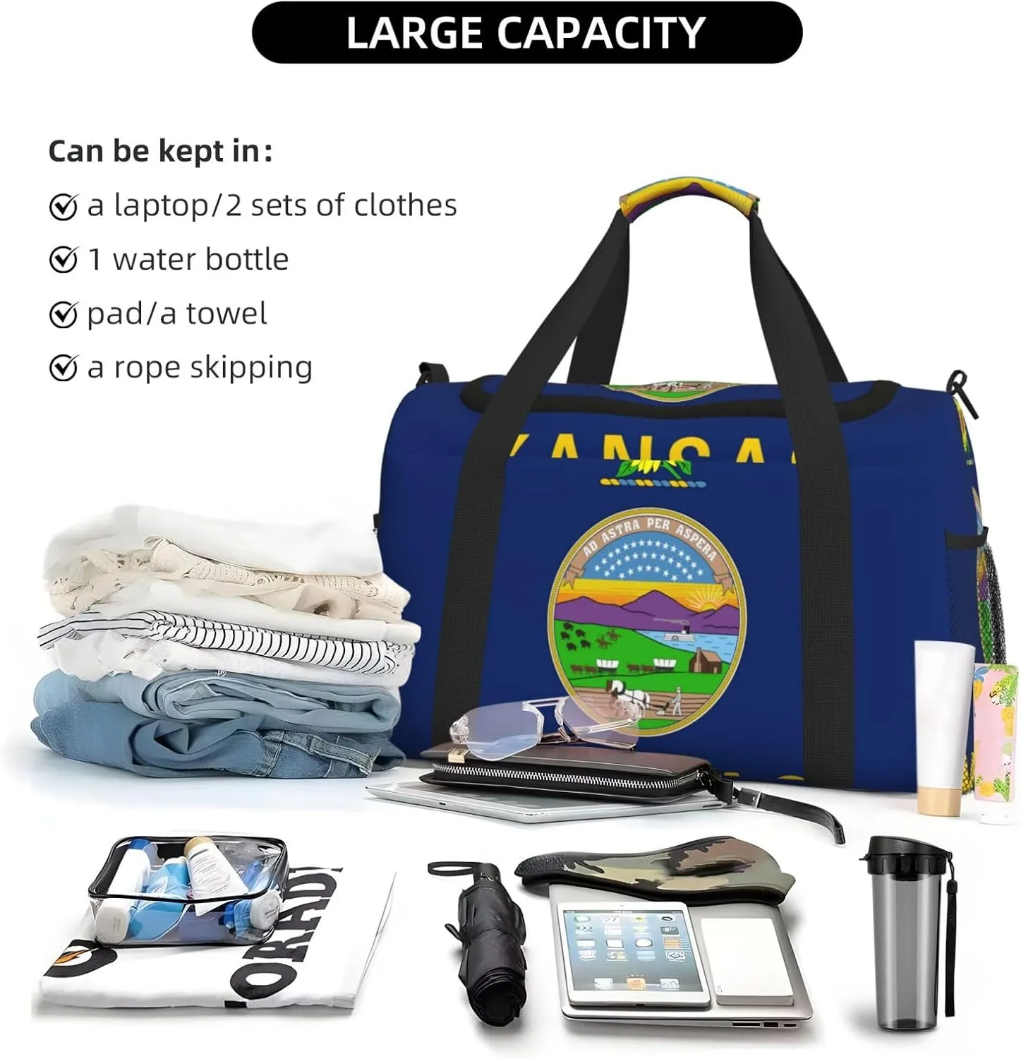 Flag Of Kansas Travel Duffel Bag Large Foldable Waterproof Overnight Bag For Beach Swim Bags Pool Sports Gym