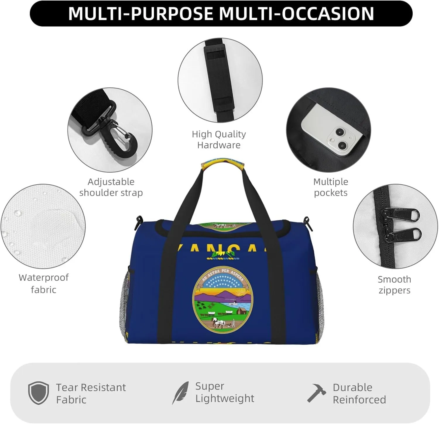 Flag Of Kansas Travel Duffel Bag Large Foldable Waterproof Overnight Bag For Beach Swim Bags Pool Sports Gym