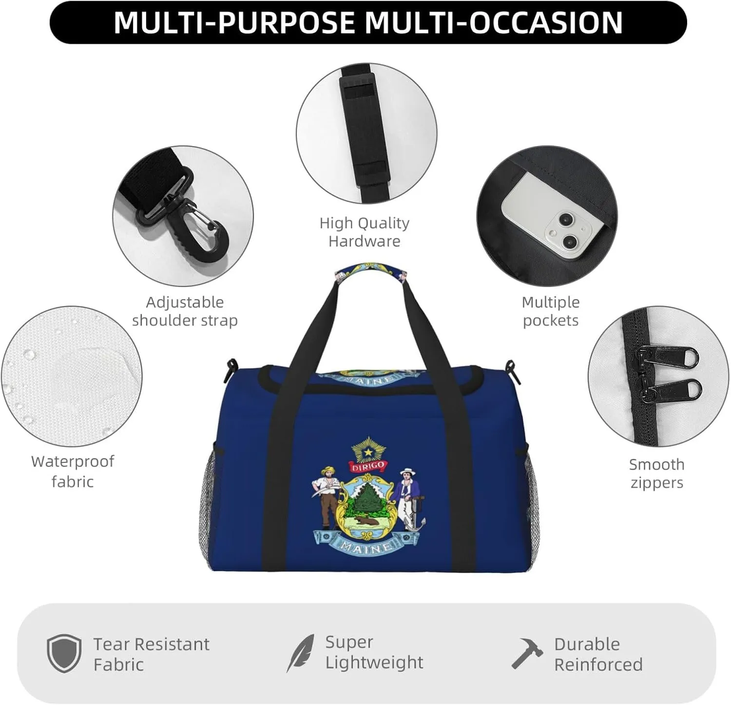 Flag Of Maine Travel Duffel Bag Large Foldable Waterproof Overnight Bag For Beach Swim Bags Pool Sports Gym