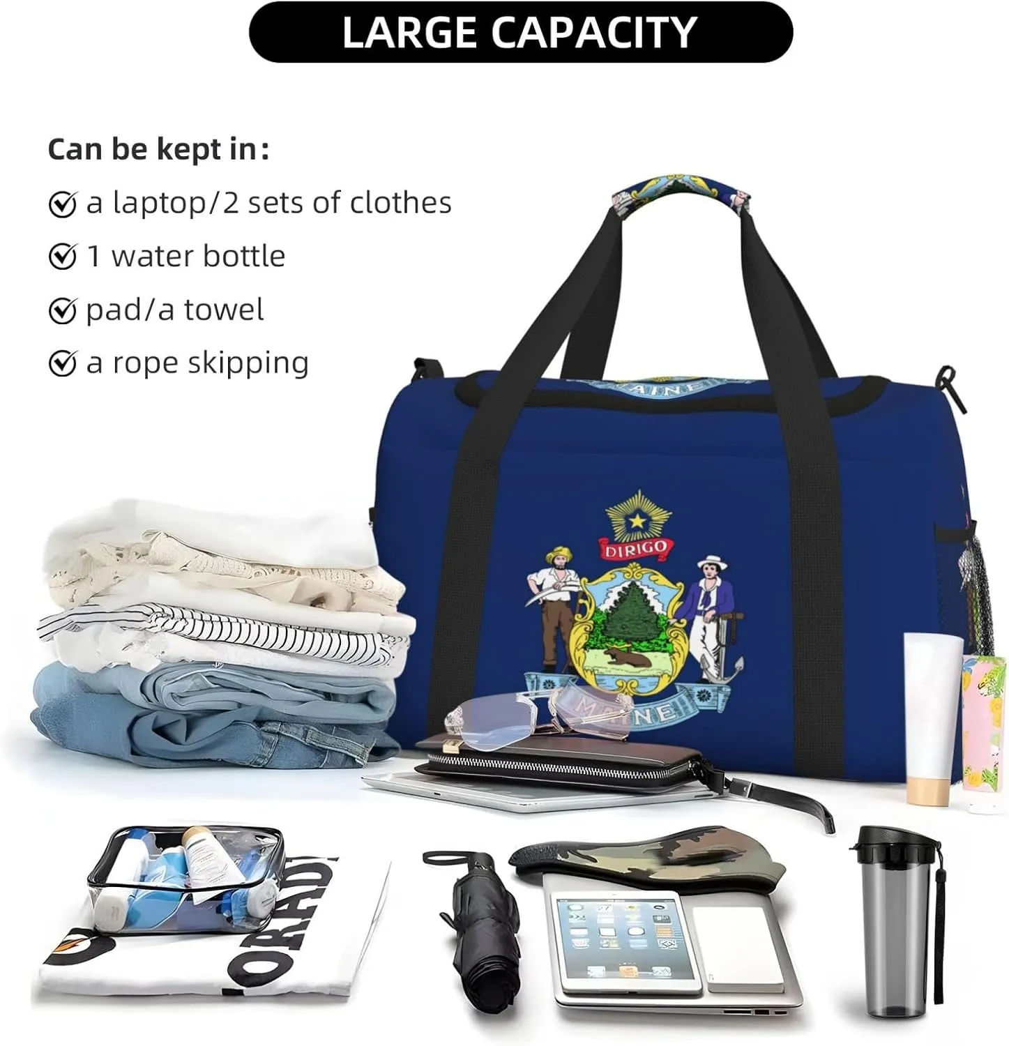 Flag Of Maine Travel Duffel Bag Large Foldable Waterproof Overnight Bag For Beach Swim Bags Pool Sports Gym