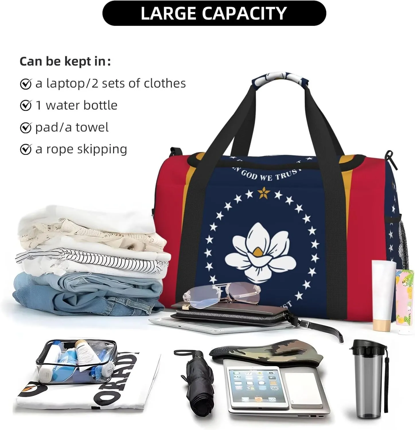 Flag Of Mississippi Travel Duffel Bag Large Foldable Waterproof Overnight Bag For Beach Swim Bags Pool Sports Gym