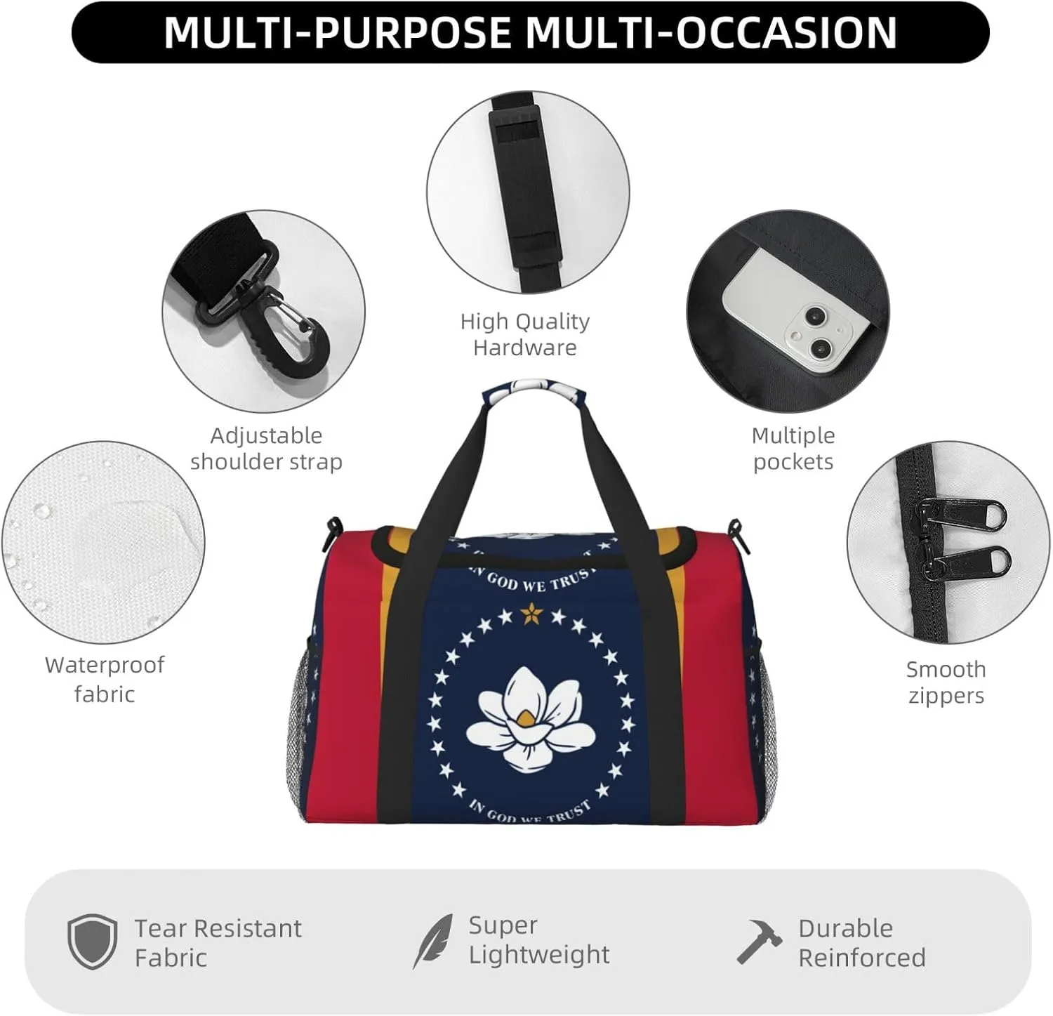 Flag Of Mississippi Travel Duffel Bag Large Foldable Waterproof Overnight Bag For Beach Swim Bags Pool Sports Gym