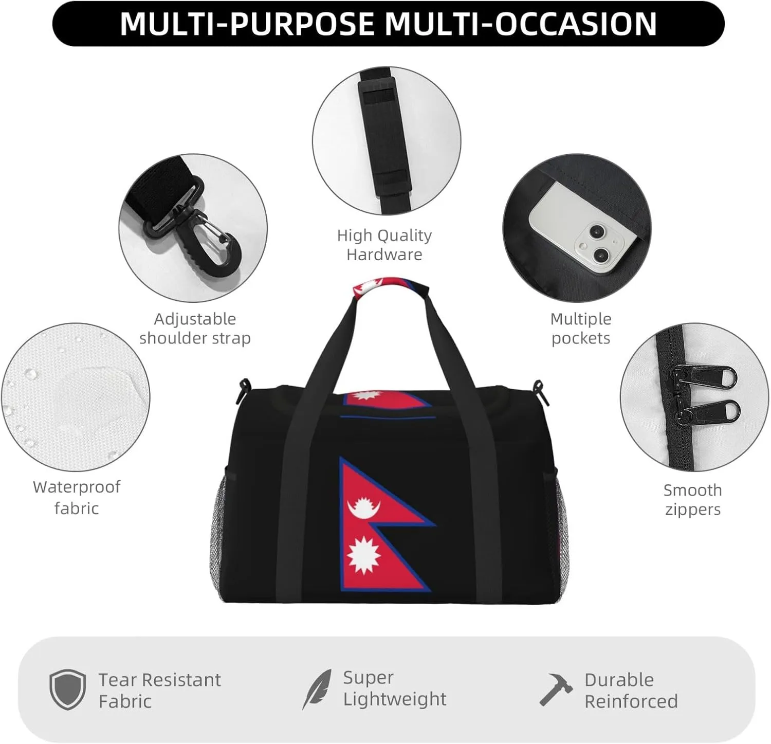 Flag Of Nepal Travel Duffel Bag Large Foldable Waterproof Overnight Bag For Beach Swim Bags Pool Sports Gym
