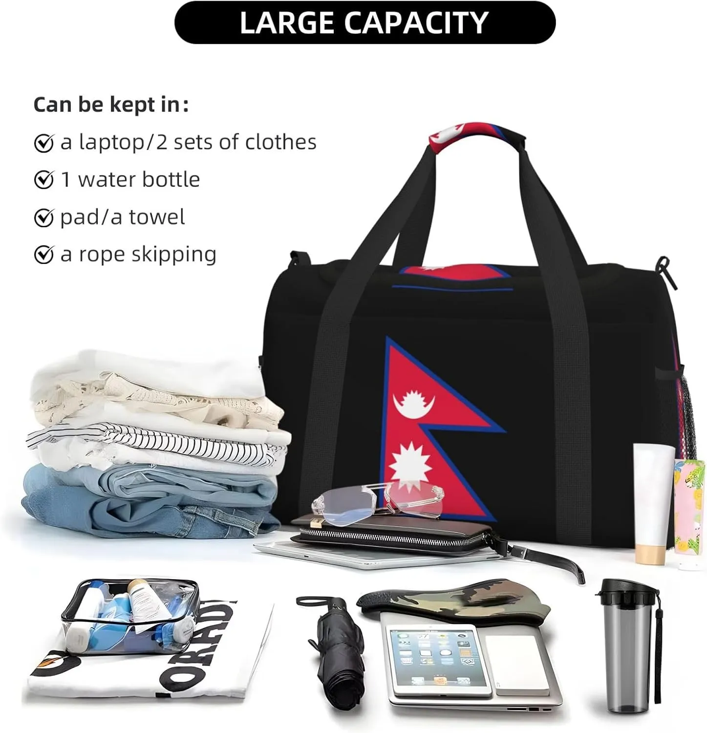 Flag Of Nepal Travel Duffel Bag Large Foldable Waterproof Overnight Bag For Beach Swim Bags Pool Sports Gym