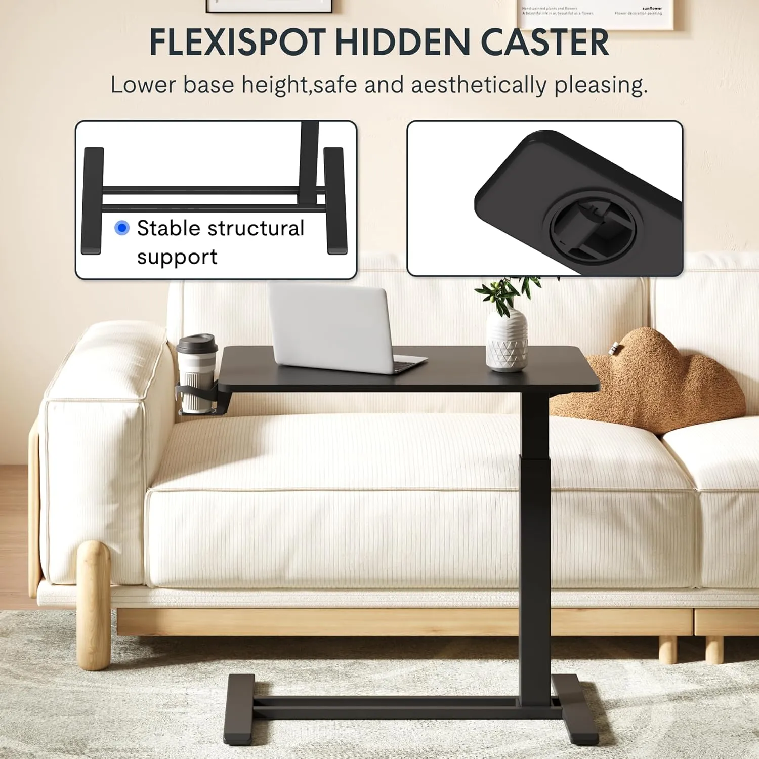 FLEXISPOT H7 Adjustable Overbed Bedside Table with Wheels Pneumatic Mobile Standing Desk Laptop Desk Rolling Computer Cart Movable Overbed Table Hospital Home Use(31.5" W x 17.7" D, Black Large)