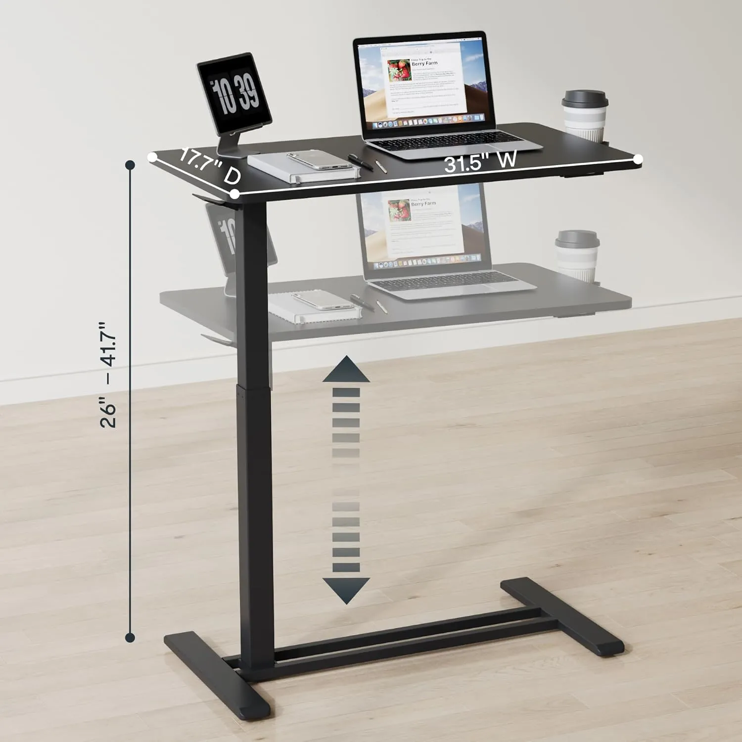 FLEXISPOT H7 Adjustable Overbed Bedside Table with Wheels Pneumatic Mobile Standing Desk Laptop Desk Rolling Computer Cart Movable Overbed Table Hospital Home Use(31.5" W x 17.7" D, Black Large)