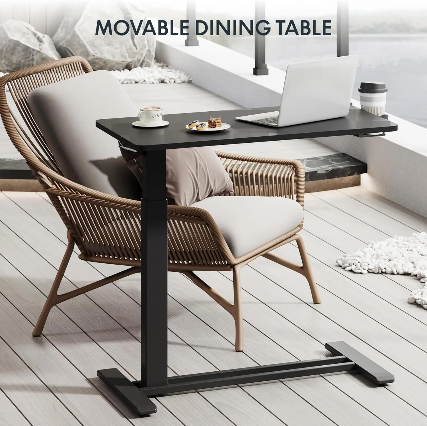 FLEXISPOT H7 Adjustable Overbed Bedside Table with Wheels Pneumatic Mobile Standing Desk Laptop Desk Rolling Computer Cart Movable Overbed Table Hospital Home Use(31.5" W x 17.7" D, Black Large)