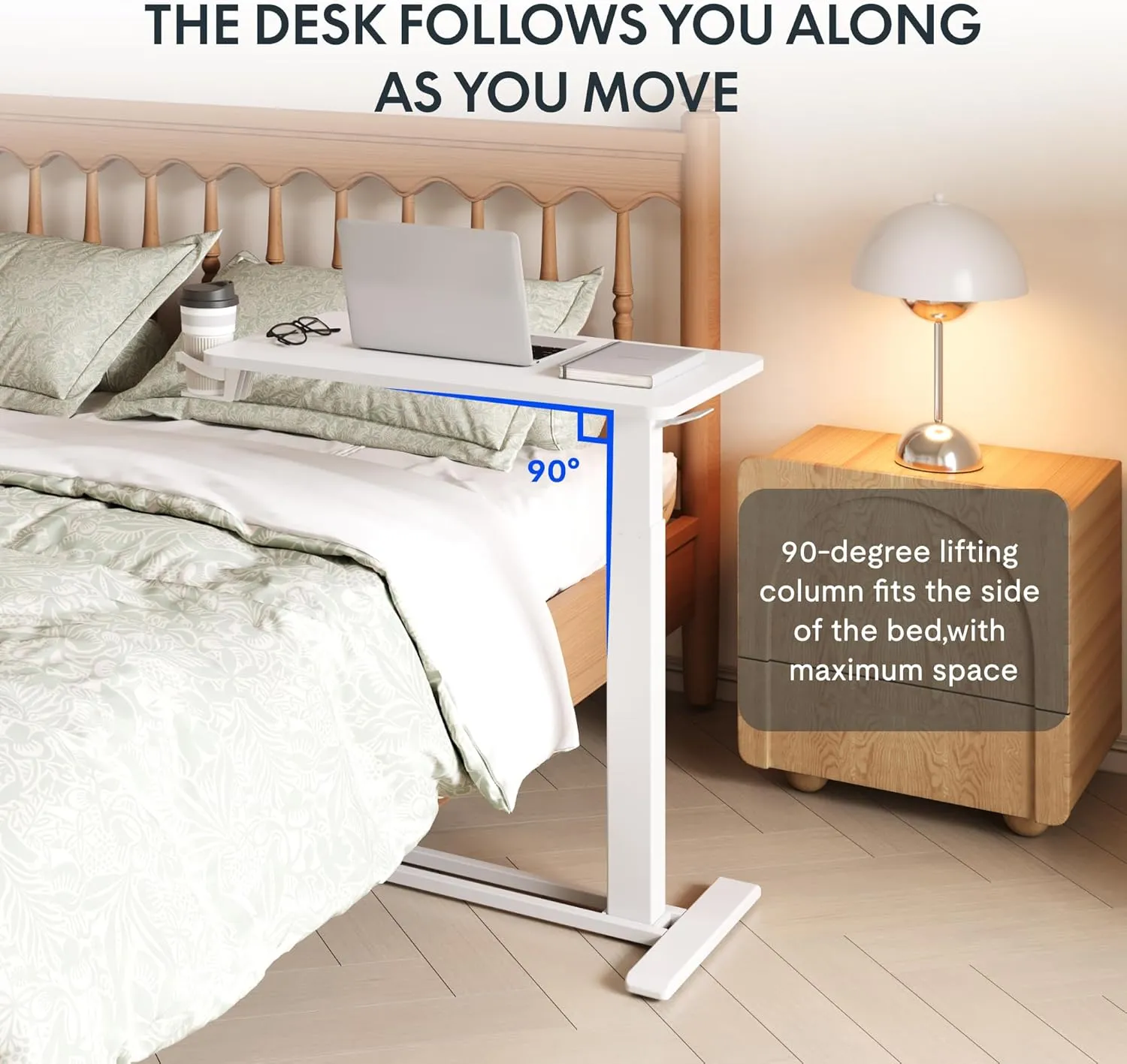 FLEXISPOT H7 Adjustable Overbed Bedside Table with Wheels Pneumatic Mobile Standing Laptop Desk Rolling Computer Cart Movable Overbed Table Hospital Home Use (31.5" W x 17.7" D, White Large)