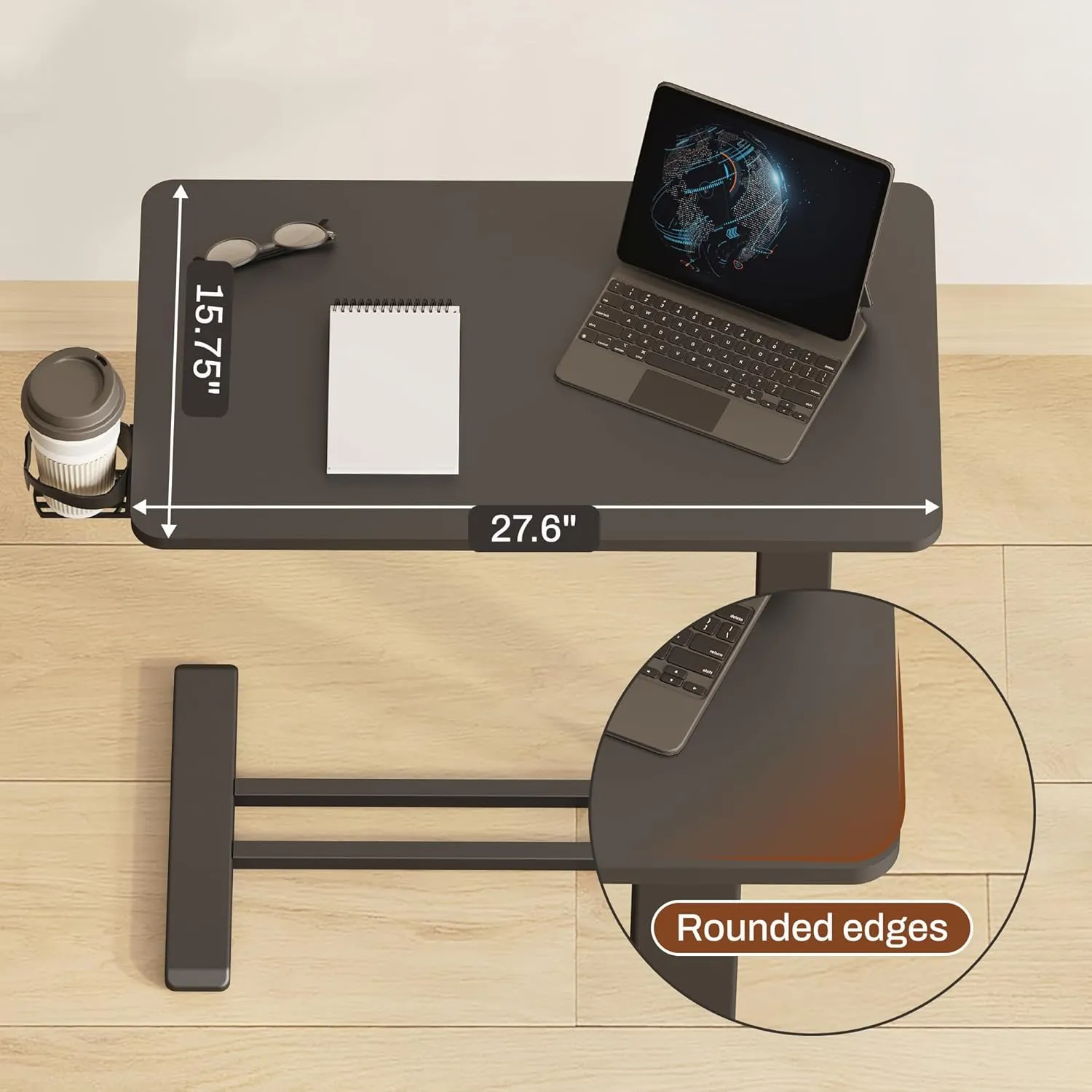 FLEXISPOT Mobile Standing Desk with Wheels Pneumatic Laptop Desk Rolling Computer Cart Movable Height Adjustable Small Sit Stand Desk Computer Workstations Home Use（27.6" W x 15.7" D, Black