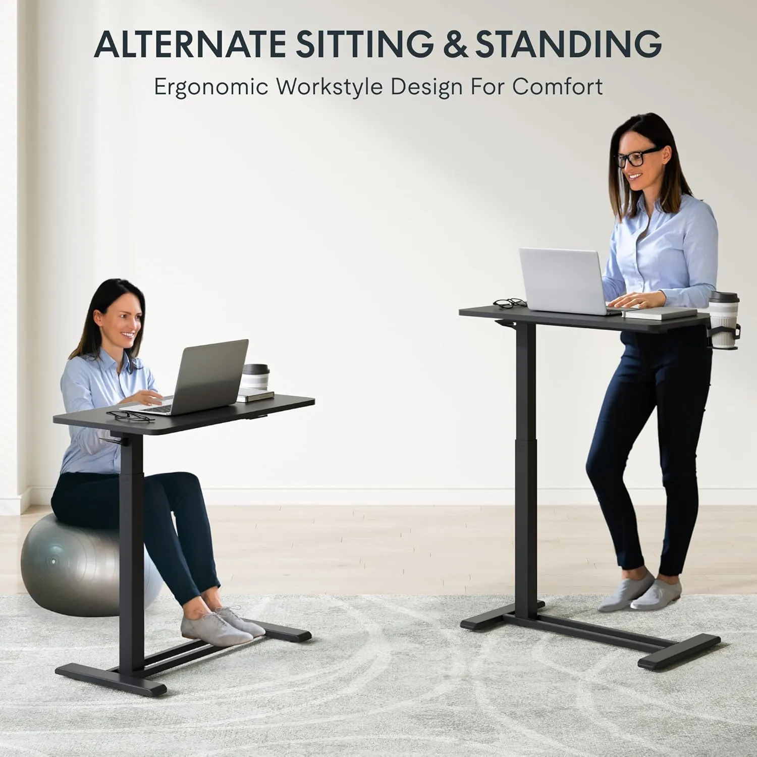 FLEXISPOT Mobile Standing Desk with Wheels Pneumatic Laptop Desk Rolling Computer Cart Movable Height Adjustable Small Sit Stand Desk Computer Workstations Home Use（27.6" W x 15.7" D, Black