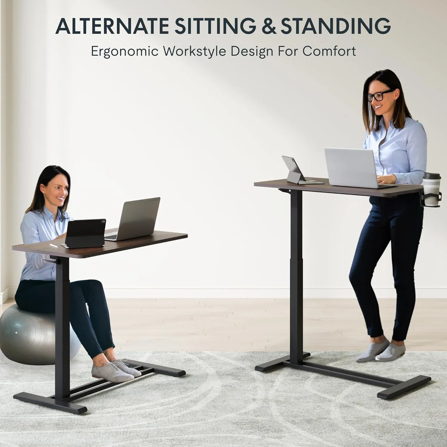 FLEXISPOT Mobile Standing Desk with Wheels Pneumatic Laptop Desk Rolling Computer Cart Movable Height Adjustable Small Sit Stand Desk Computer Workstations Home Use(31.5" W x 17.7" D, Mahogany)