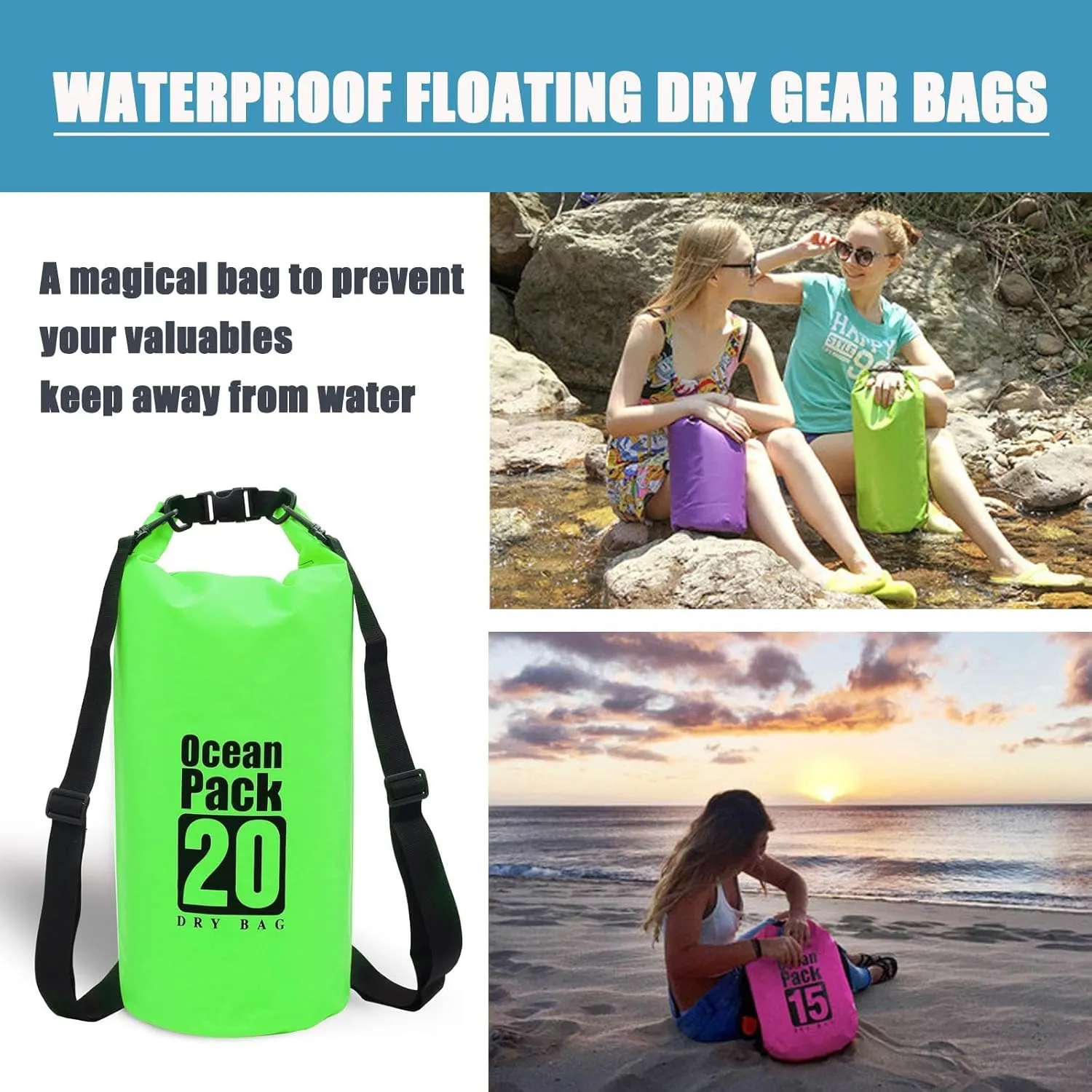 Floating Waterproof Dry Bag Backpack 5L/10L/20L, Roll Top Bag for Kayaking, Rafting, Boating, Swimming, Camping, Hiking, Beach, Fishing, Waterproof Beach Bag. (Green, 20L)
