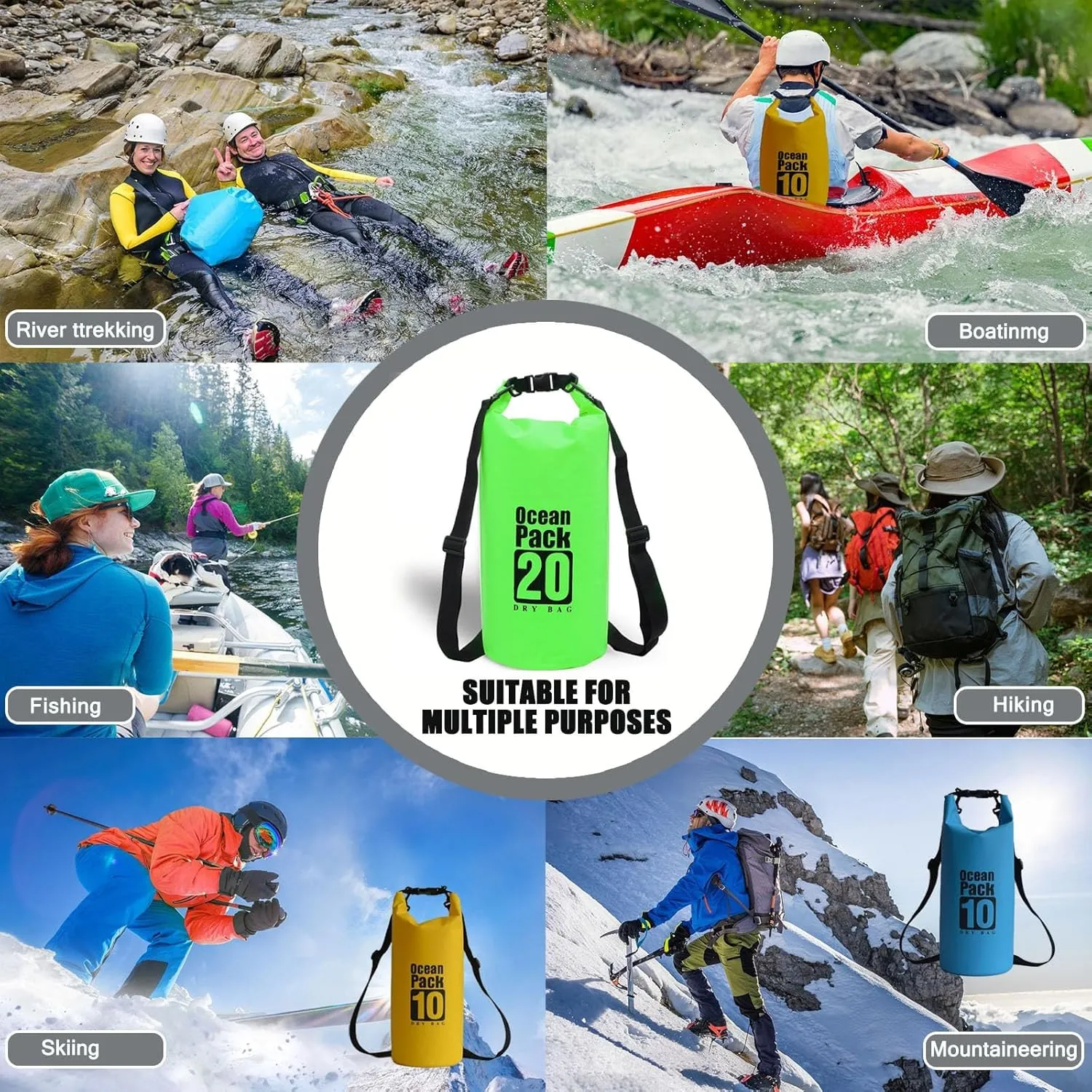 Floating Waterproof Dry Bag Backpack 5L/10L/20L, Roll Top Bag for Kayaking, Rafting, Boating, Swimming, Camping, Hiking, Beach, Fishing, Waterproof Beach Bag. (Green, 20L)