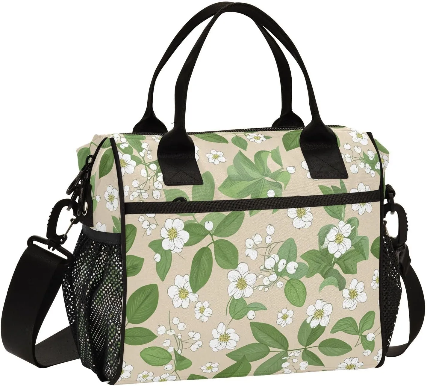 Flower Berry Foliage Beige Insulated Lunch Bag Reusable Lunch Box for Men Women Leakproof Cooler Tote Bag with Adjustable Shoulder Strap Food Handbag for Travel Work Picnic Office Camping