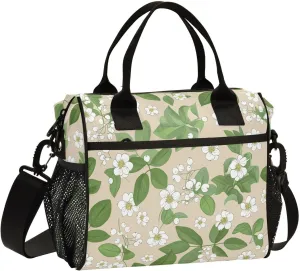 Flower Berry Foliage Beige Insulated Lunch Bag Reusable Lunch Box for Men Women Leakproof Cooler Tote Bag with Adjustable Shoulder Strap Food Handbag for Travel Work Picnic Office Camping